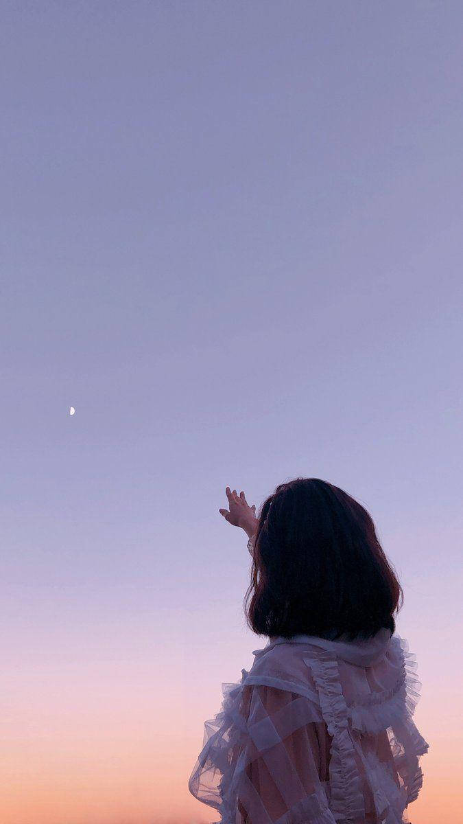 crescent moon, soft purple and pink twilight sky, ruffled white dress, SD Phone Wallpaper