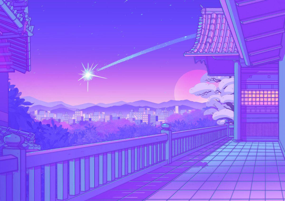 Pastel Purple, anime-style balcony, cityscape at twilight, SD Desktop Wallpaper