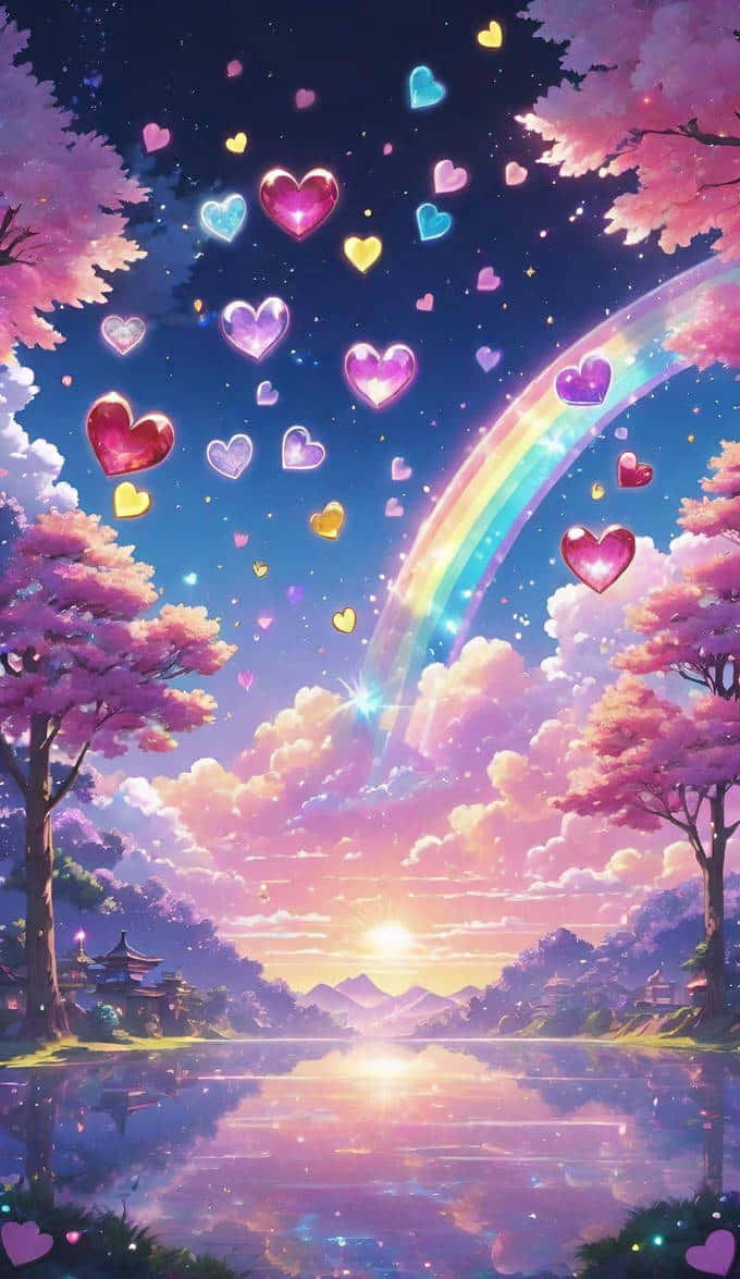 pastel rainbow, glowing pink cherry trees, twilight sky, SD Phone Wallpaper