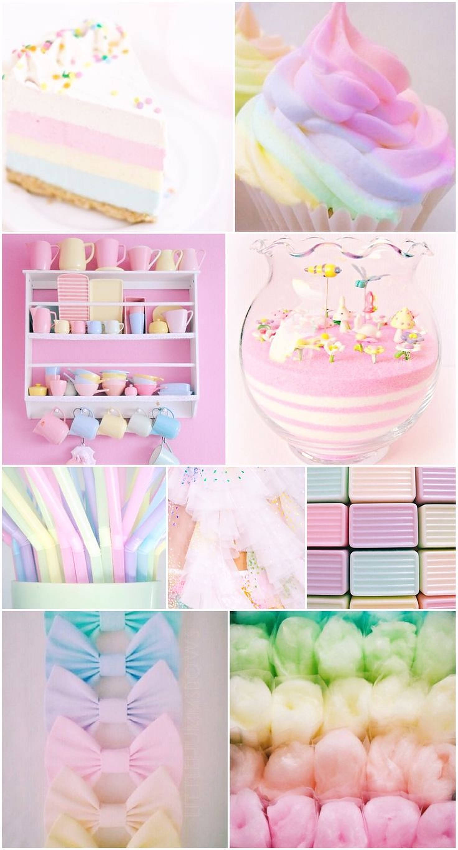 pastel rainbow, rainbow layered desserts, cotton candy bows, 2K Phone Wallpaper