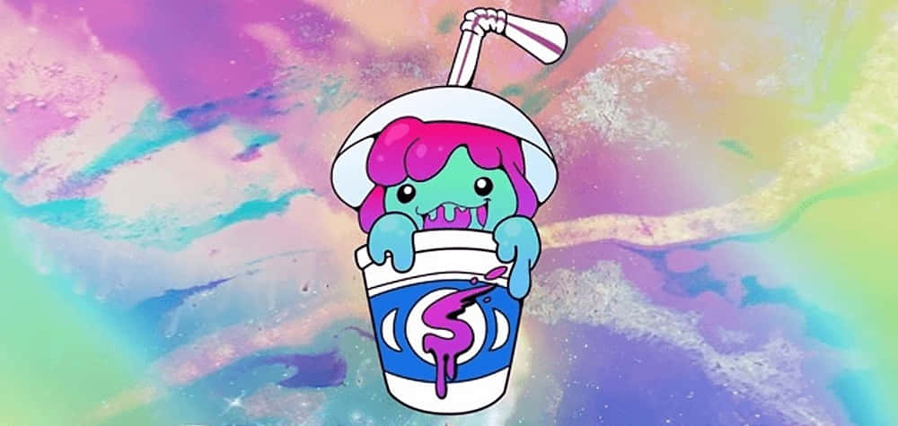 cute cartoon monster, pink hair, soda cup, SD Desktop Wallpaper