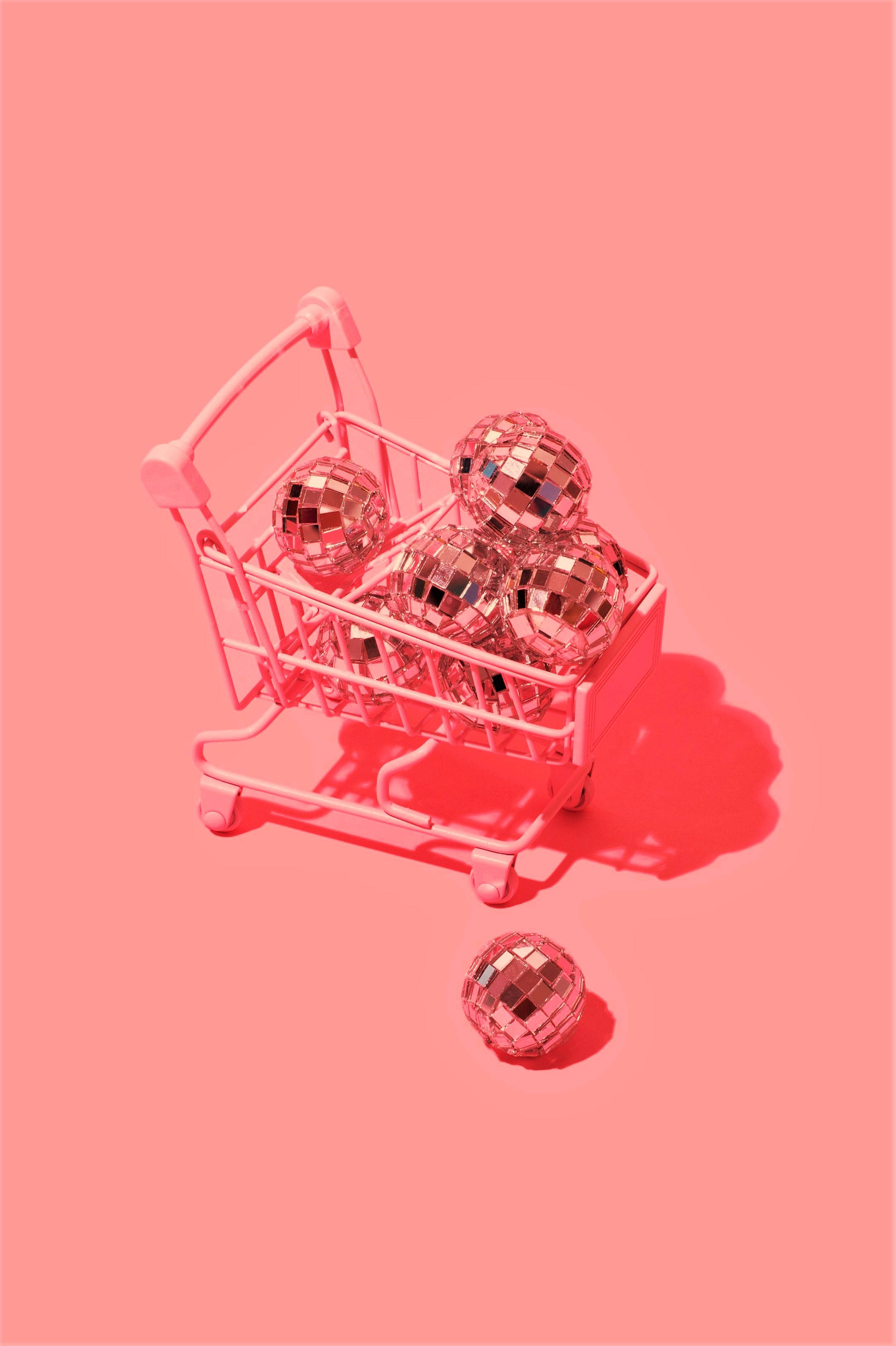 disco ball cart, pastel red aesthetic, pink shopping cart, 2K Phone Wallpaper