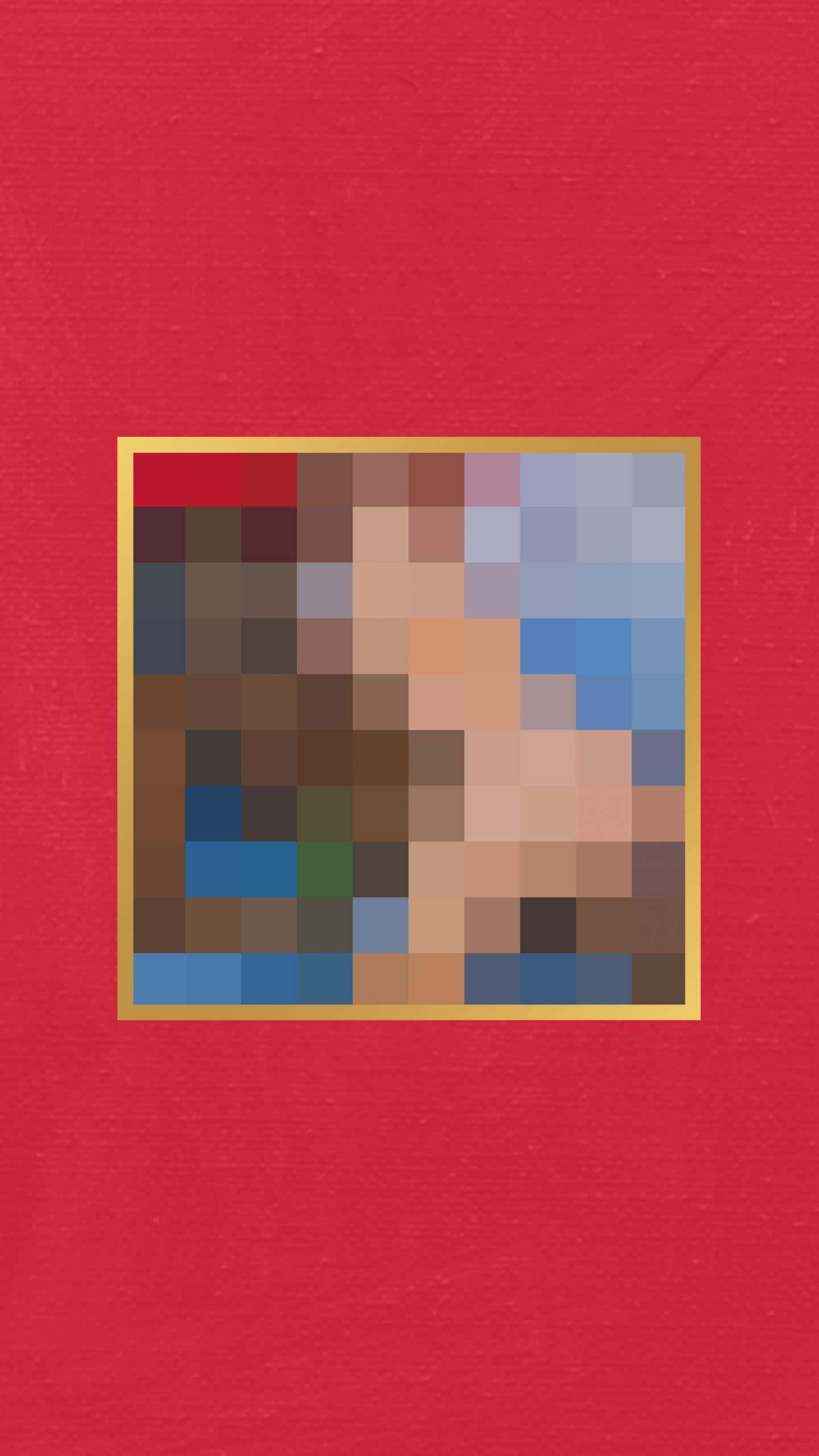 pixelated portrait, gold frame, textured red background, 2K Phone Wallpaper