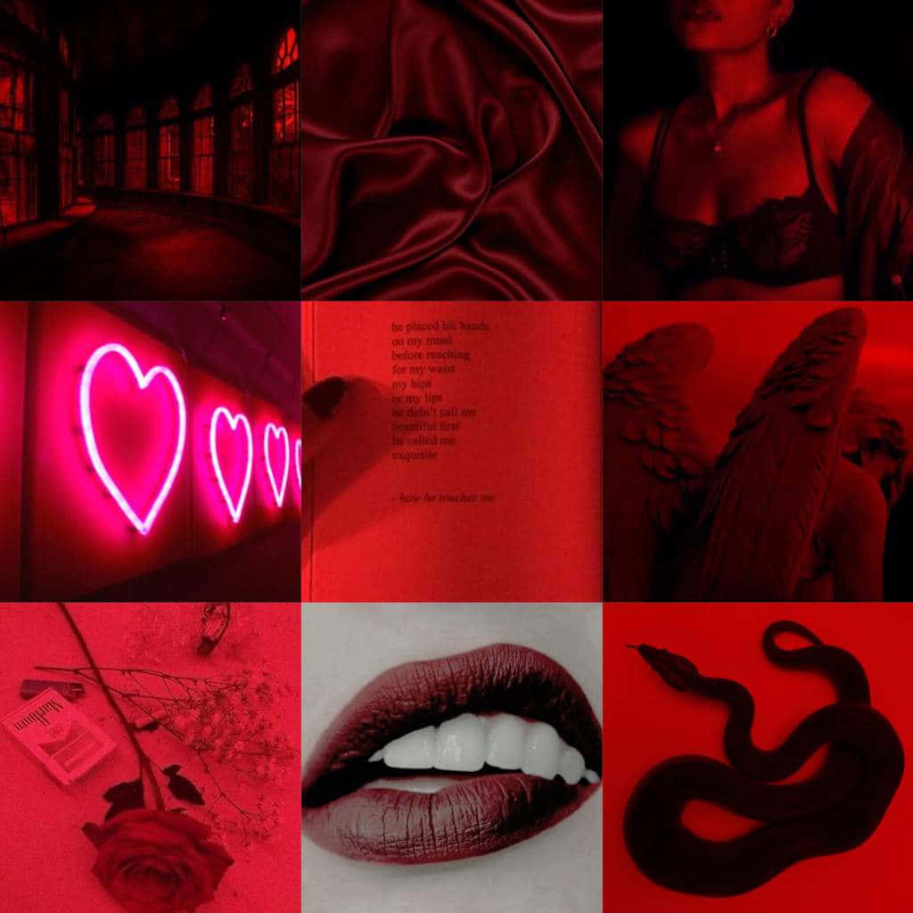 red aesthetic collage, neon hearts, rose lips, SD Desktop Wallpaper