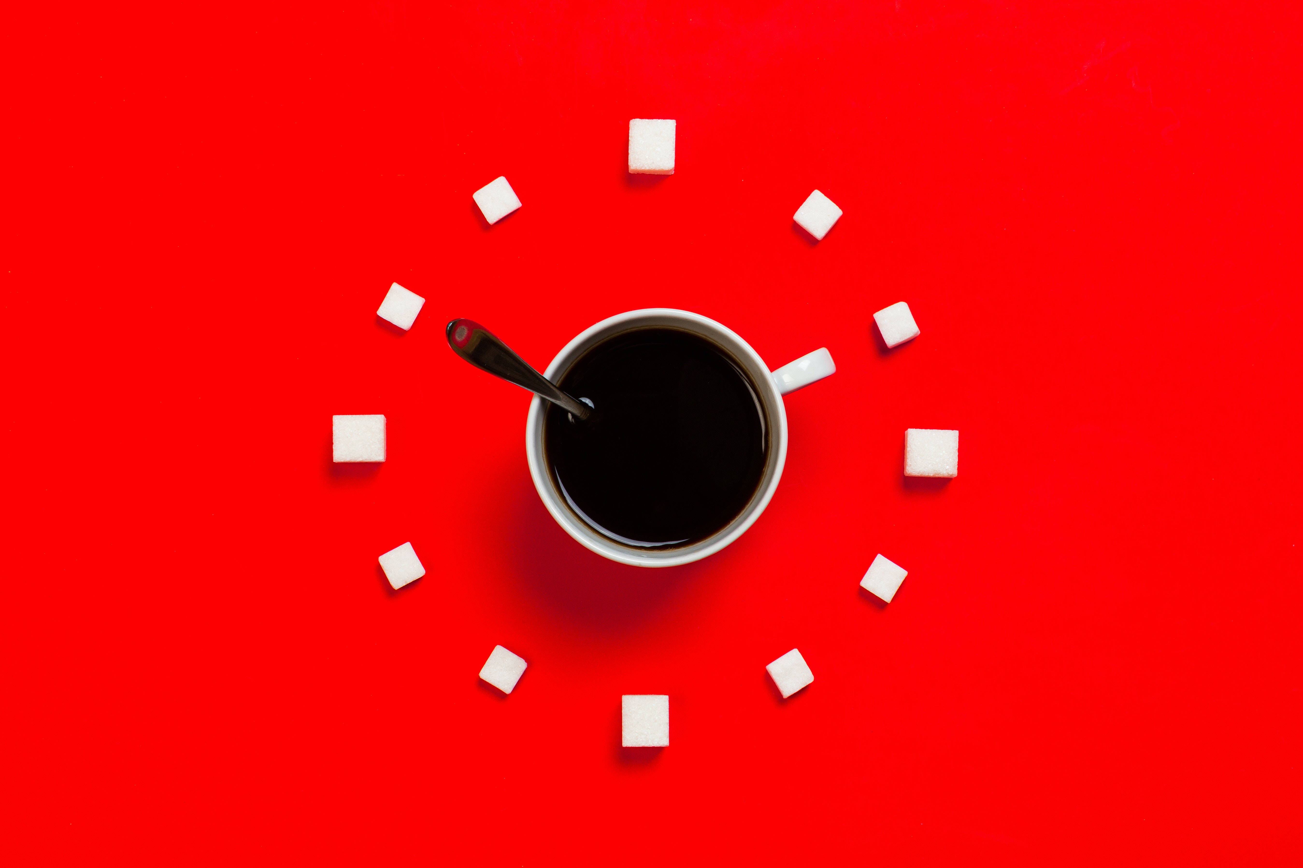 Pastel Red, white coffee cup, spoon, 5K Desktop Wallpaper
