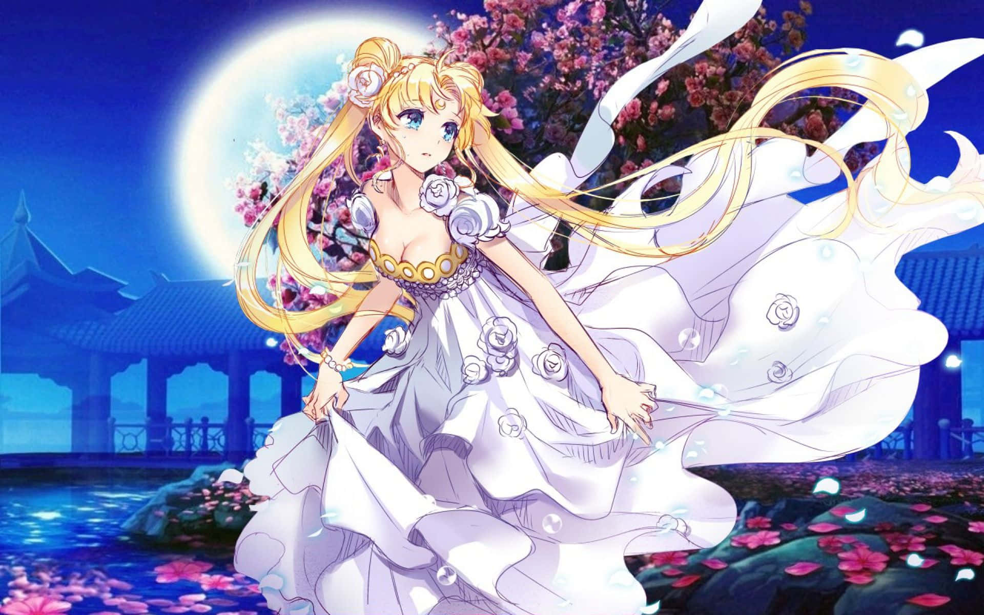 Pastel Sailor Moon, blonde anime girl, white floral gown, Full HD Desktop Wallpaper