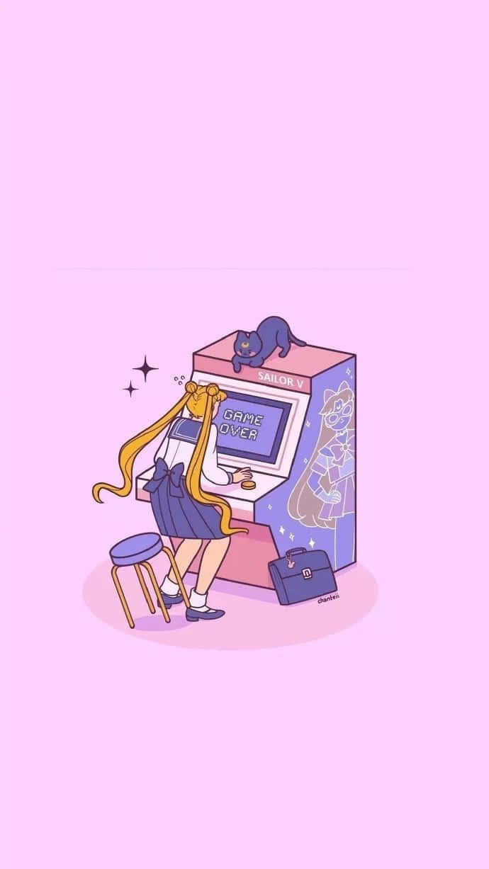 Pastel Sailor Moon, Sailor V, pink arcade machine, SD Phone Wallpaper
