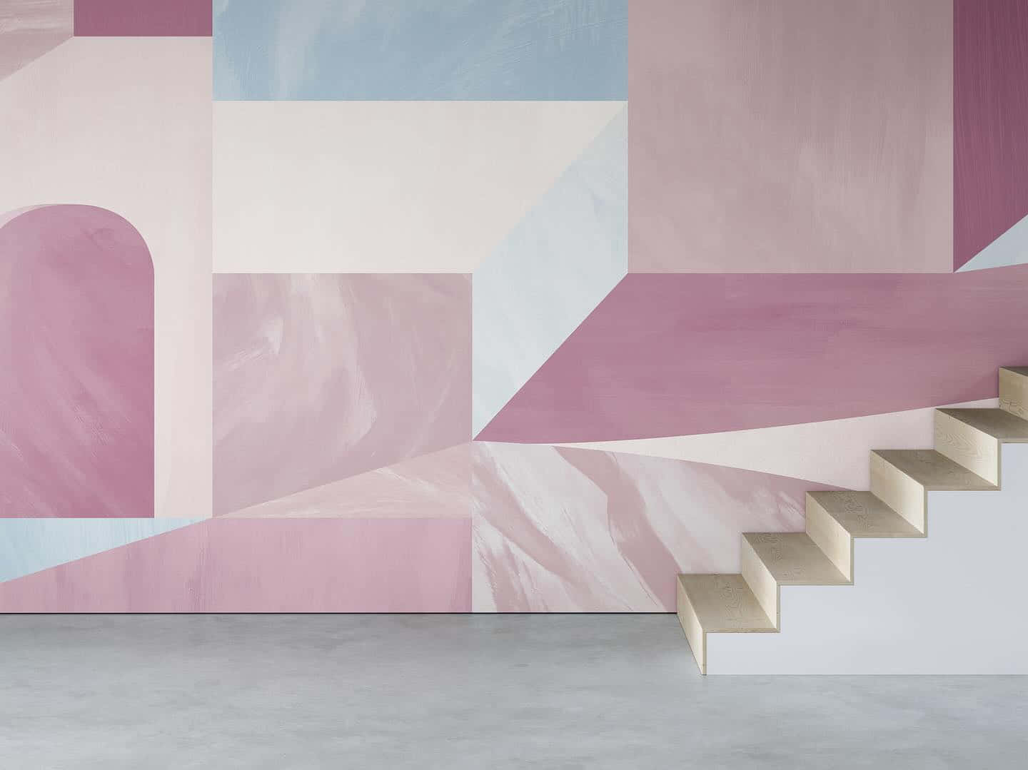 abstract geometric staircase, wall painted with soft pastel geometric shapes, pink, HD Desktop Wallpaper
