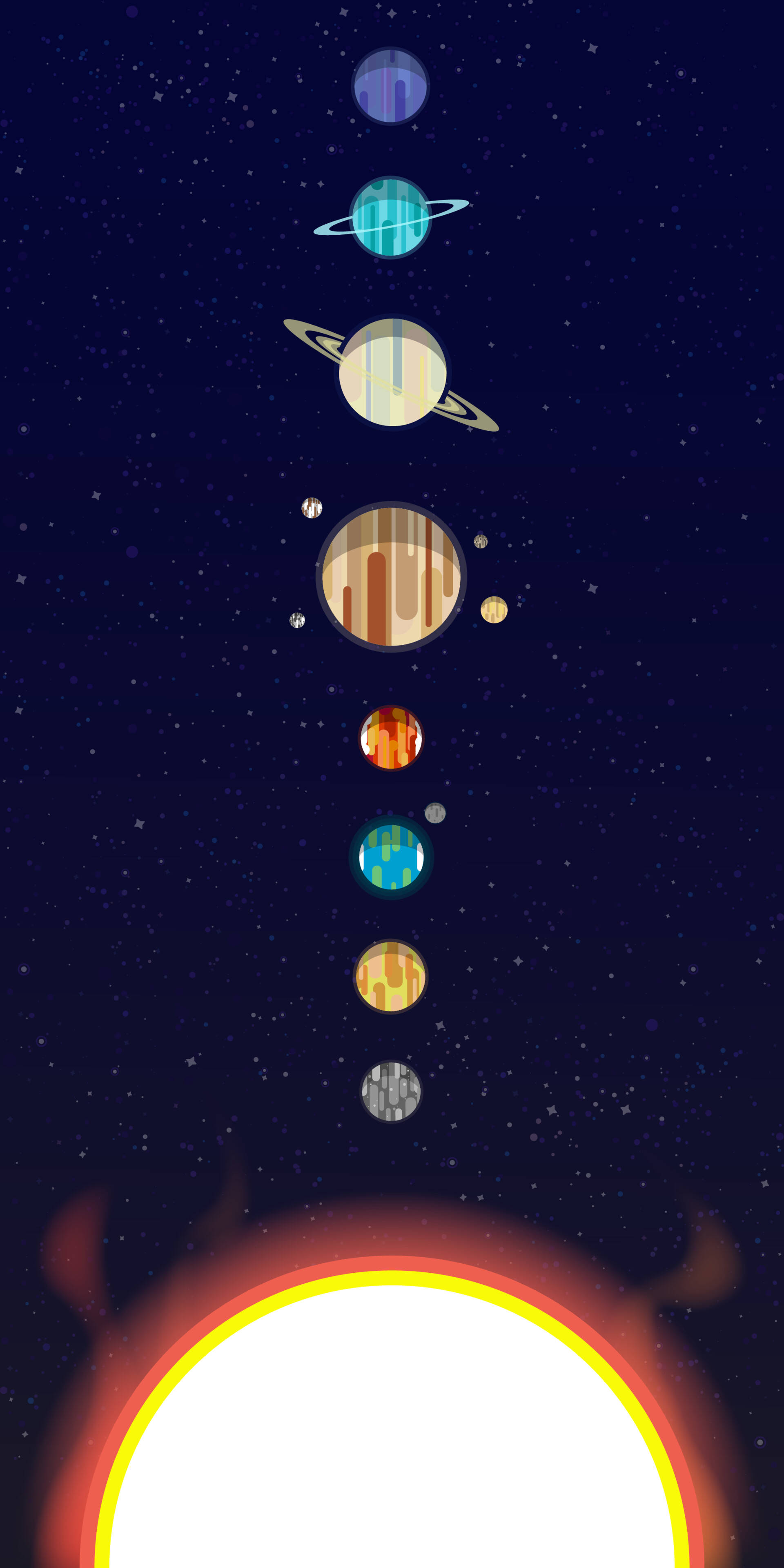 space aesthetic, lined-up planets, glowing sun, 4K Phone Wallpaper