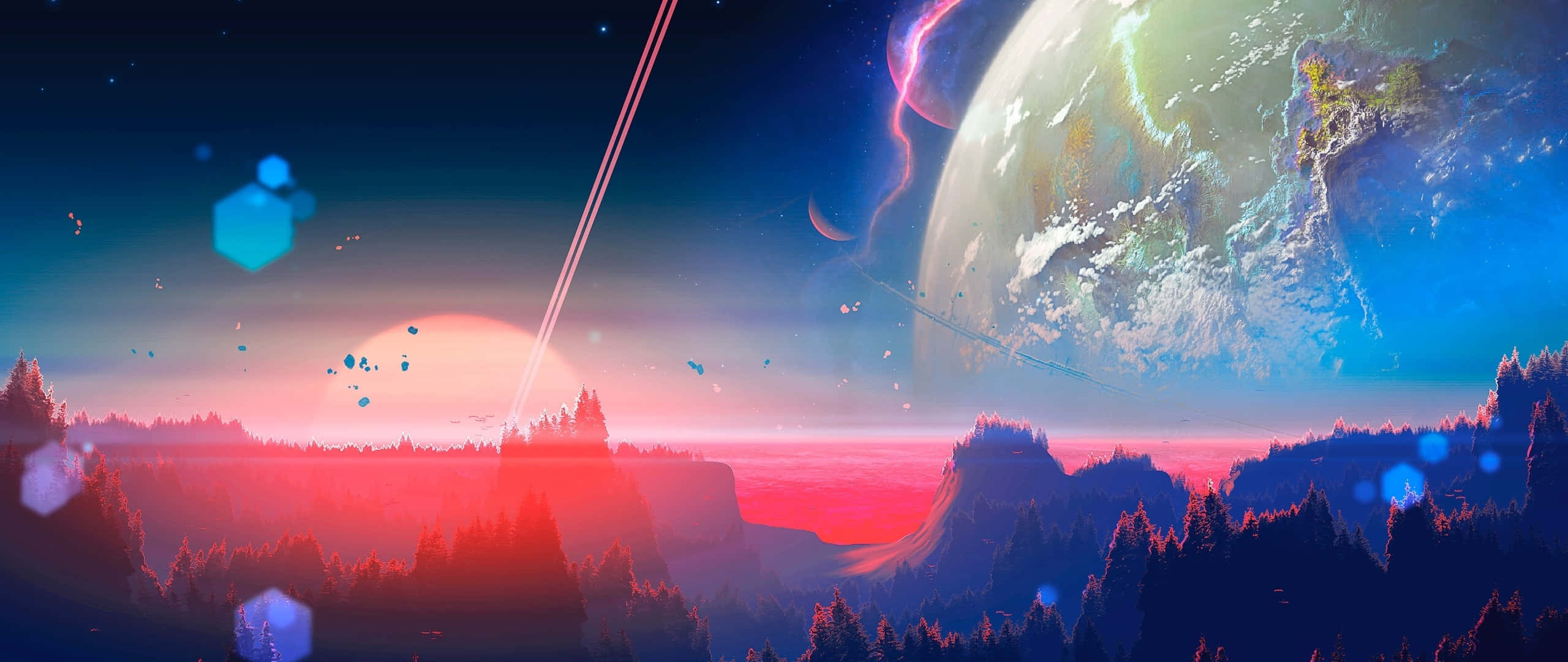 sunset, glowing pink and blue hues, distant mountains, 2K Desktop Wallpaper
