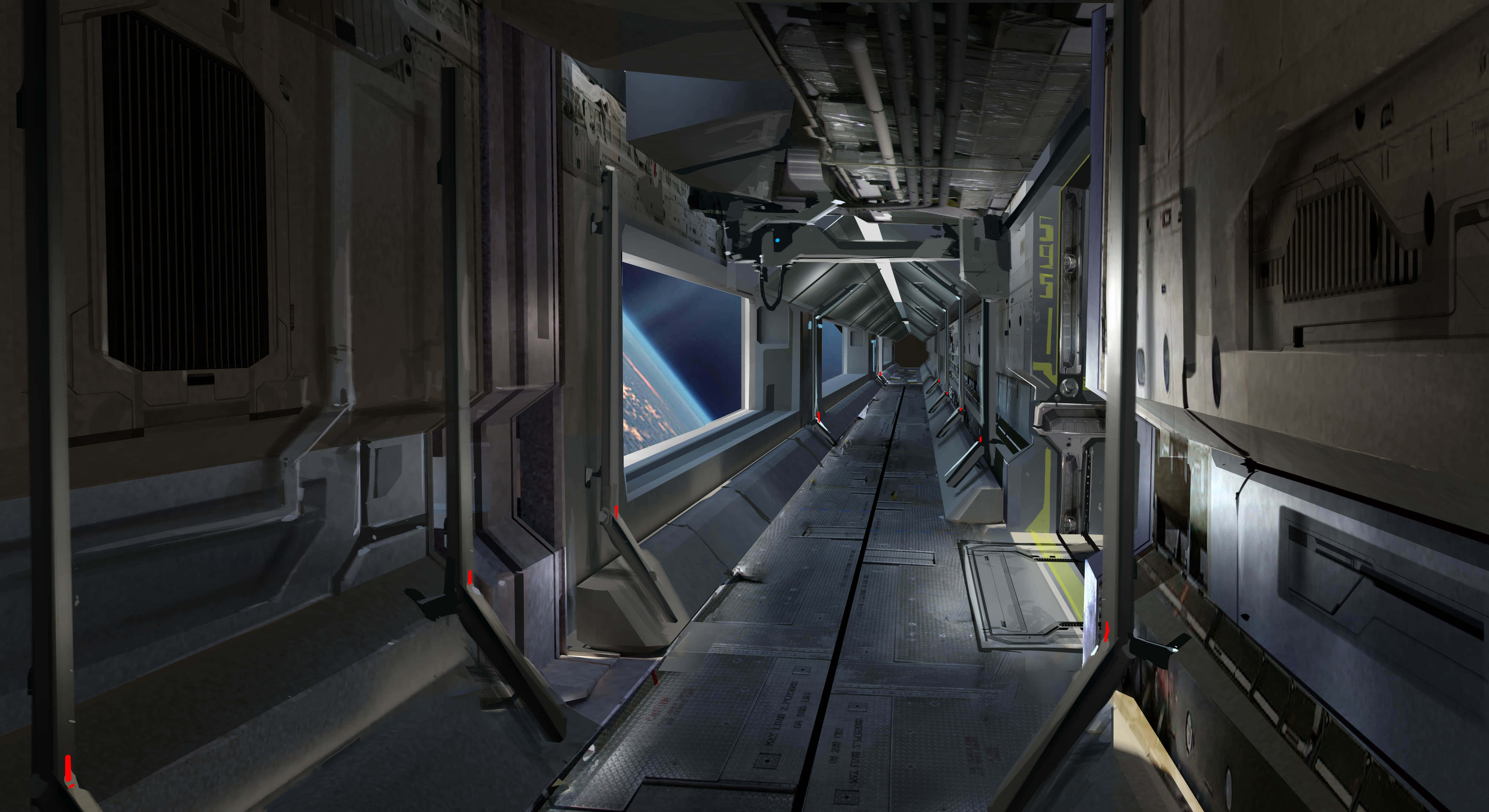 futuristic spaceship corridor, metallic walls, glowing blue planet, 5K Desktop Wallpaper