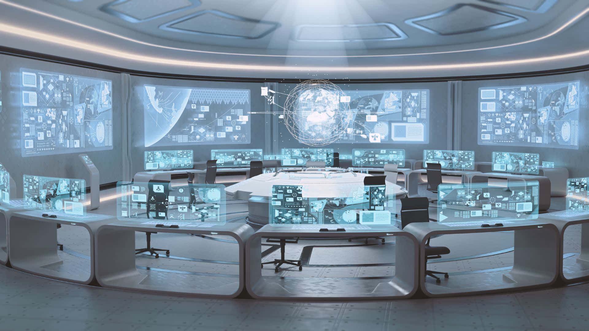 futuristic control room, glowing blue holographic screens, central globe display, Full HD Desktop Wallpaper