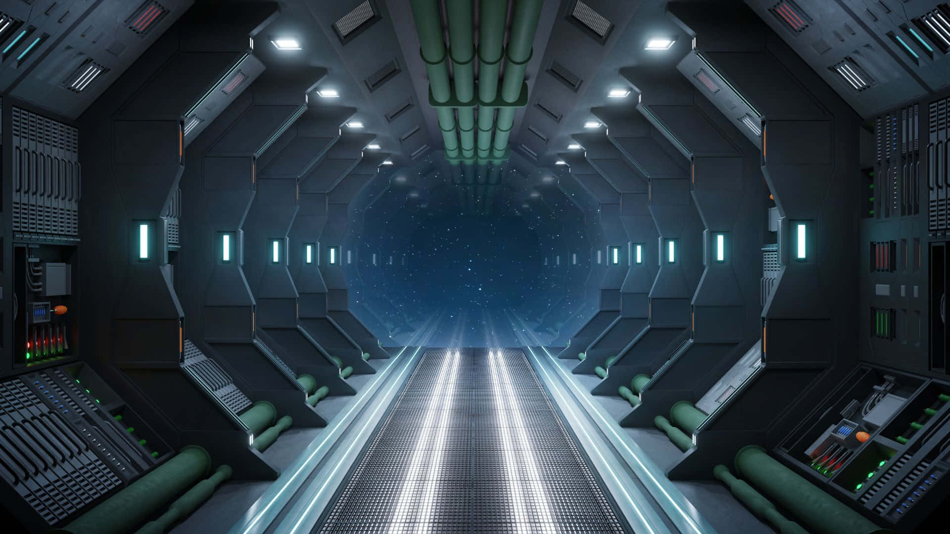 futuristic spaceship corridor, glowing blue lights, starfield view, Full HD Desktop Wallpaper