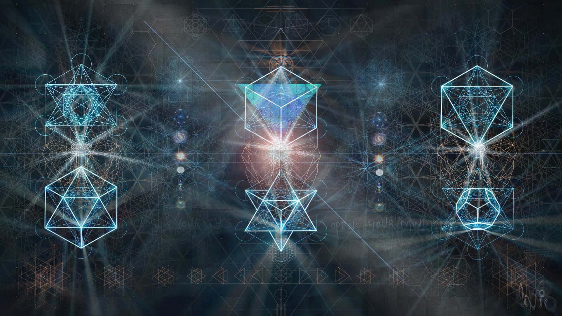 sacred geometry, cosmic dark space, glowing geometric shapes, Full HD Desktop Wallpaper