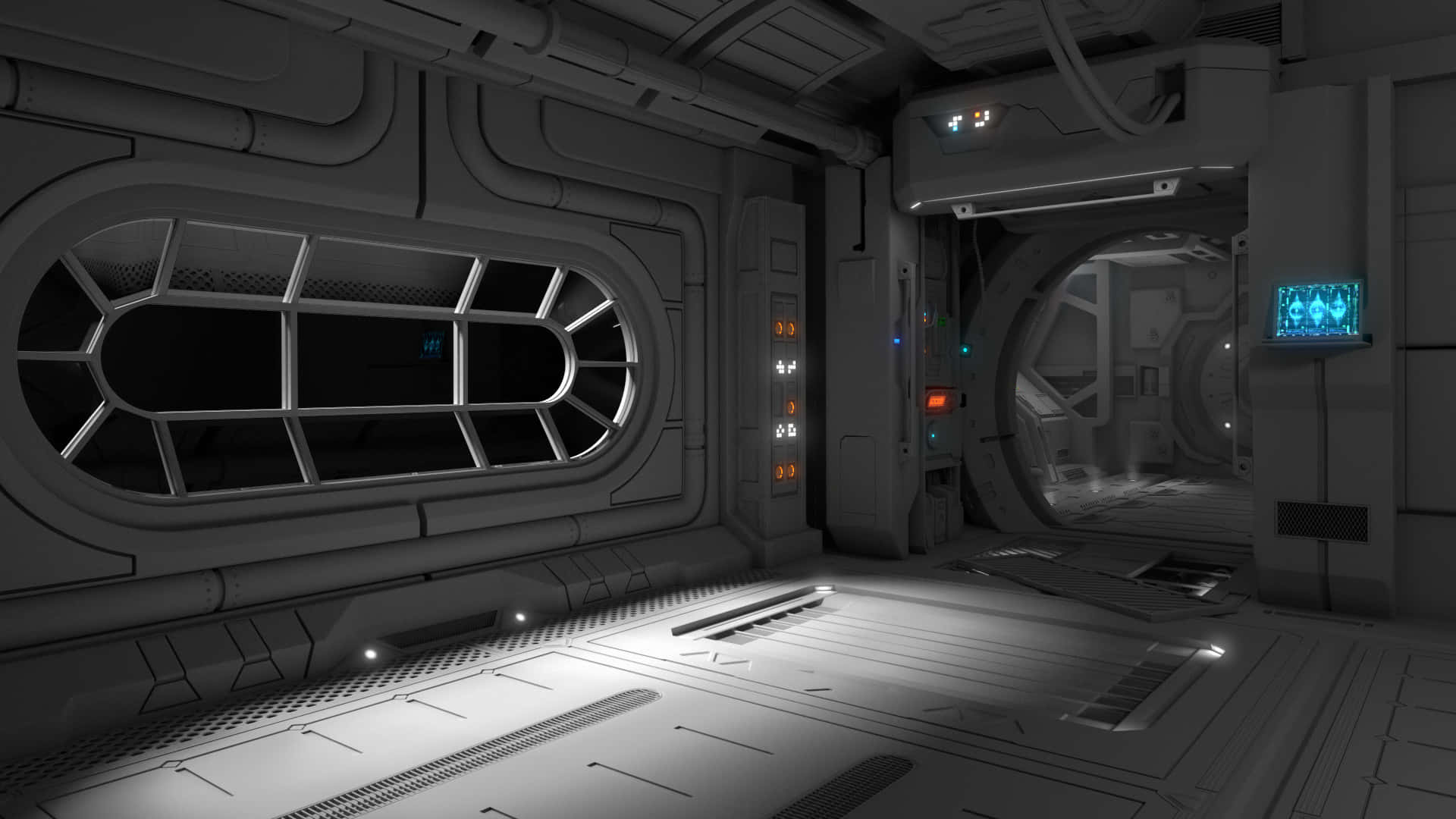 futuristic spaceship corridor, glowing blue panels, large window, Full HD Desktop Wallpaper