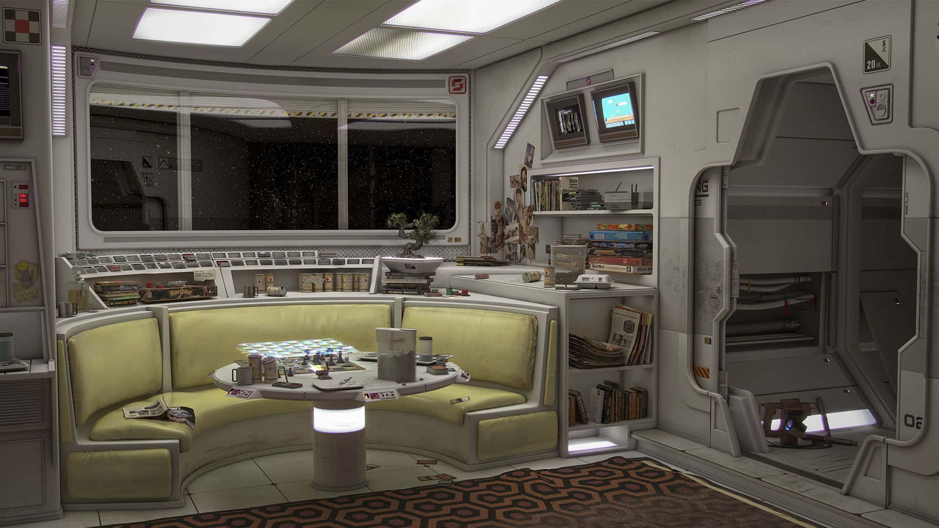 retro futuristic spaceship lounge area, lime green seating, round table, Full HD Desktop Wallpaper