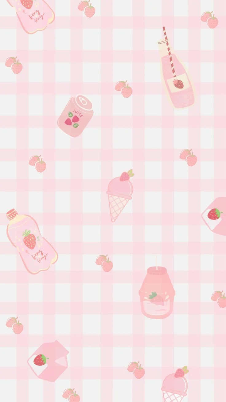 pastel pink, gingham wallpaper, strawberry-themed drinks, HD Phone Wallpaper