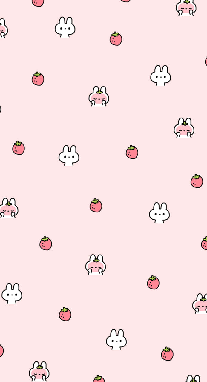 Pastel Strawberry, white line-drawn bunnies, strawberries, HD Phone Wallpaper