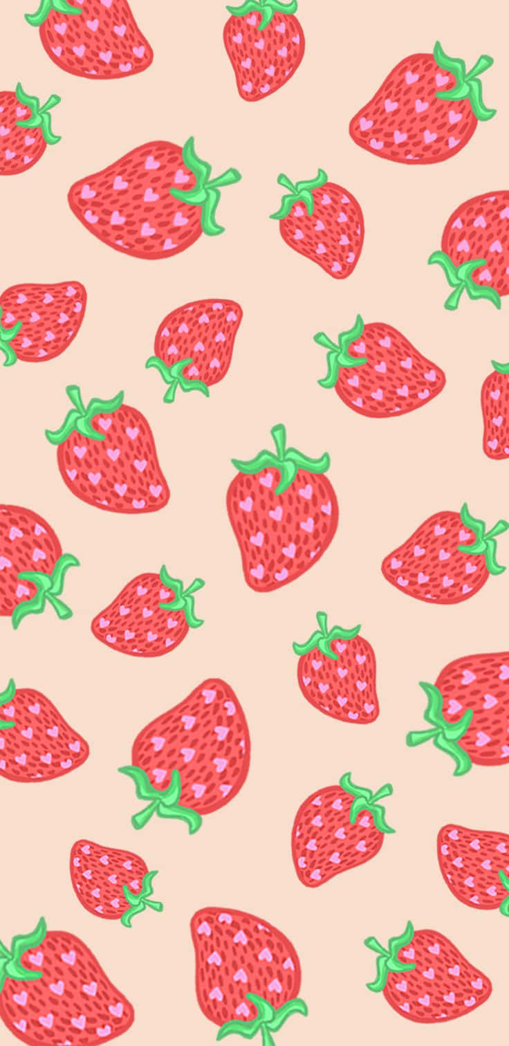 Pastel Strawberry, cartoon strawberries, pink hearts, HD Phone Wallpaper