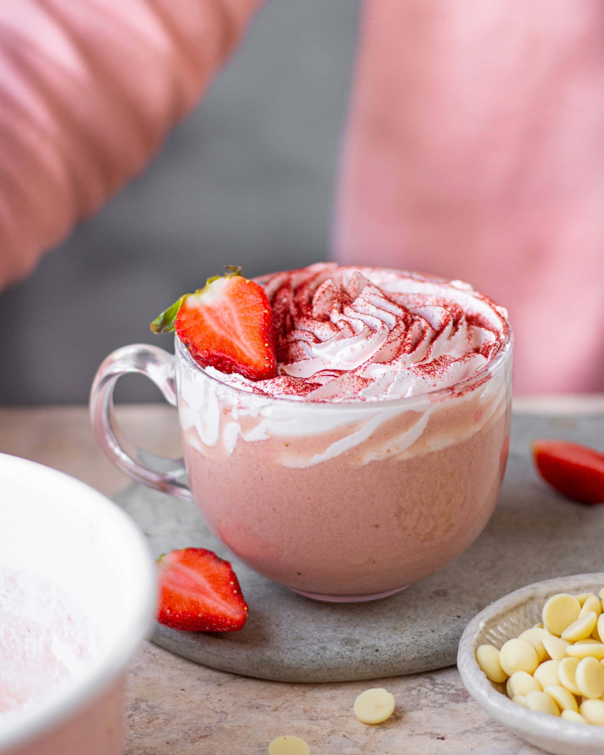 pink strawberry smoothie, whipped cream, fresh strawberry slice, 2K Phone Wallpaper