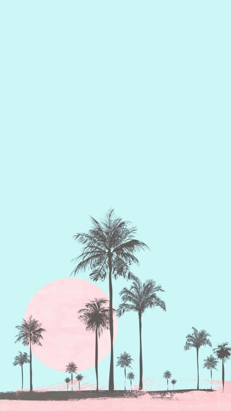 pastel pink sun, mint green sky, silhouetted palm trees, HD Phone Wallpaper