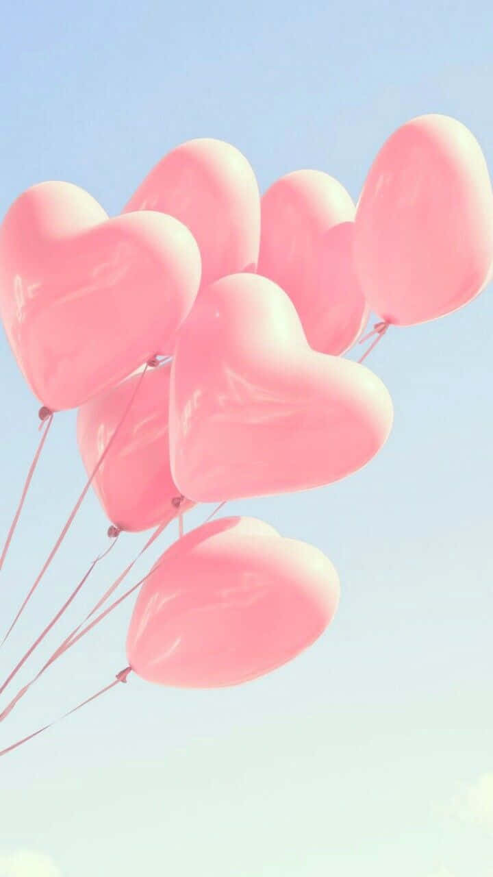 Pastel Summer, pink heart-shaped balloons, pale blue sky, HD Phone Wallpaper
