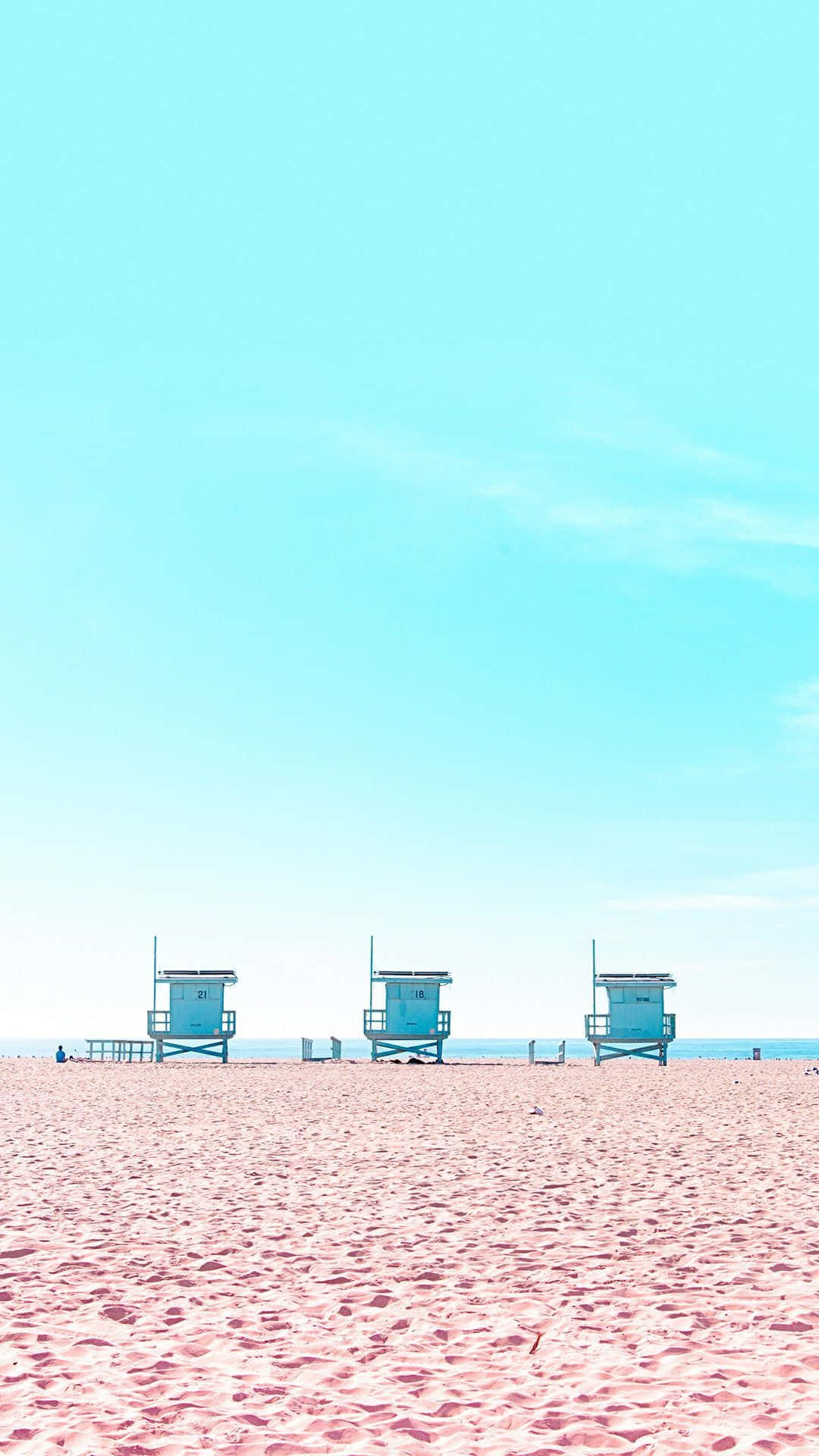 lifeguard huts, turquoise lifeguard towers, pink-hued sandy beach, Full HD Phone Wallpaper