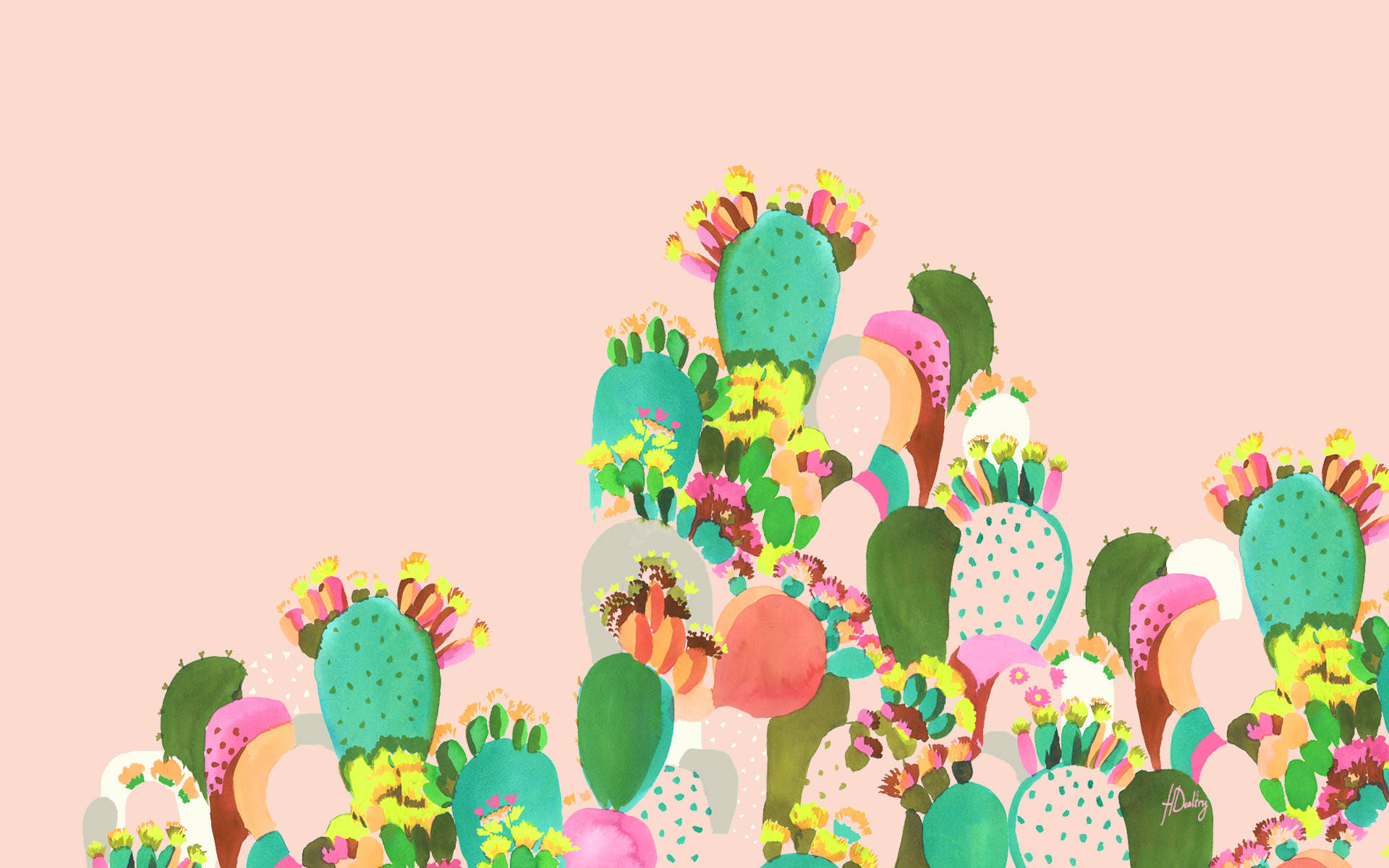Pastel Cacti Summer Background, vibrant stylized cacti, colorful blooms, Full HD Desktop Wallpaper
