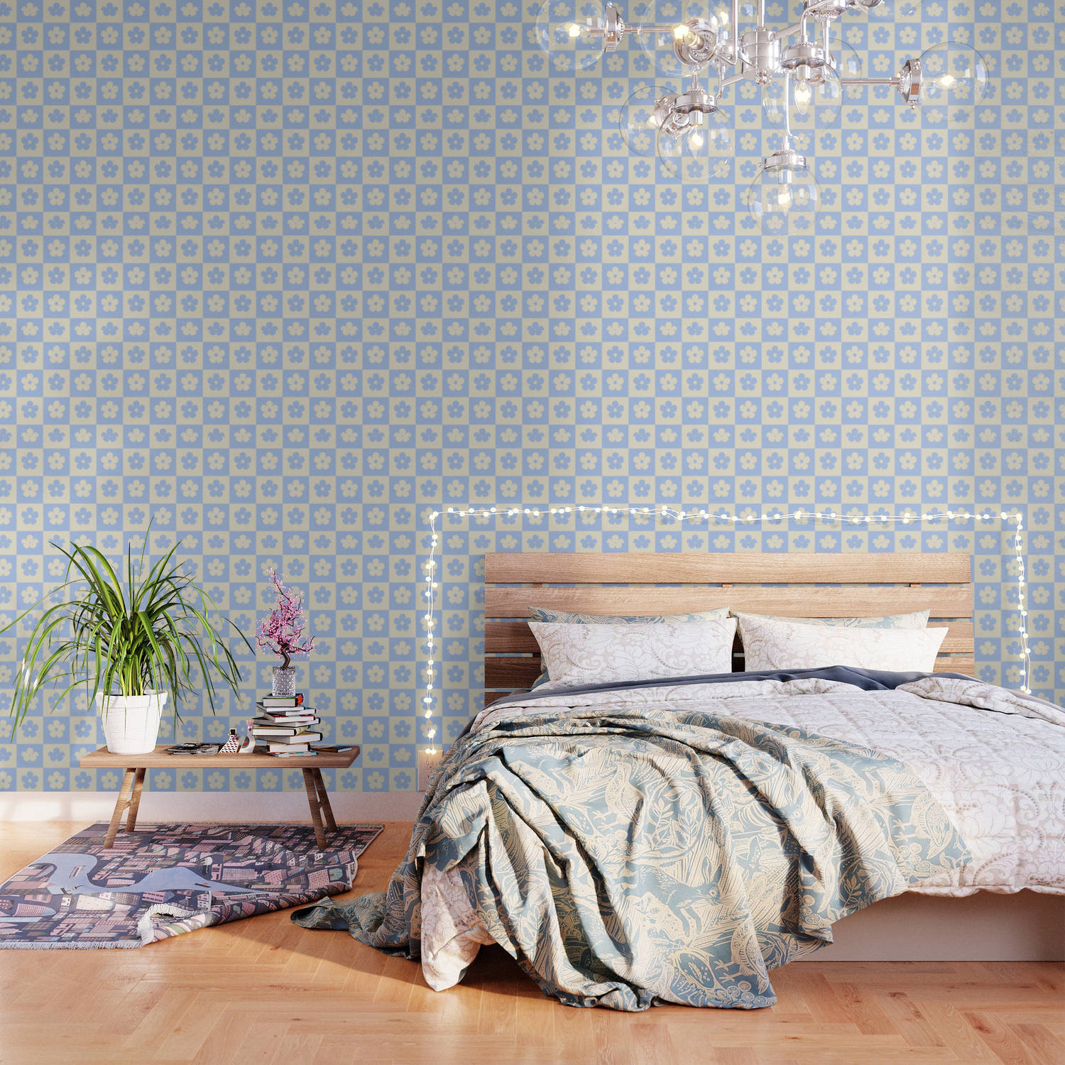 pastel teal, wooden bed, patterned bedding, HD Desktop Wallpaper