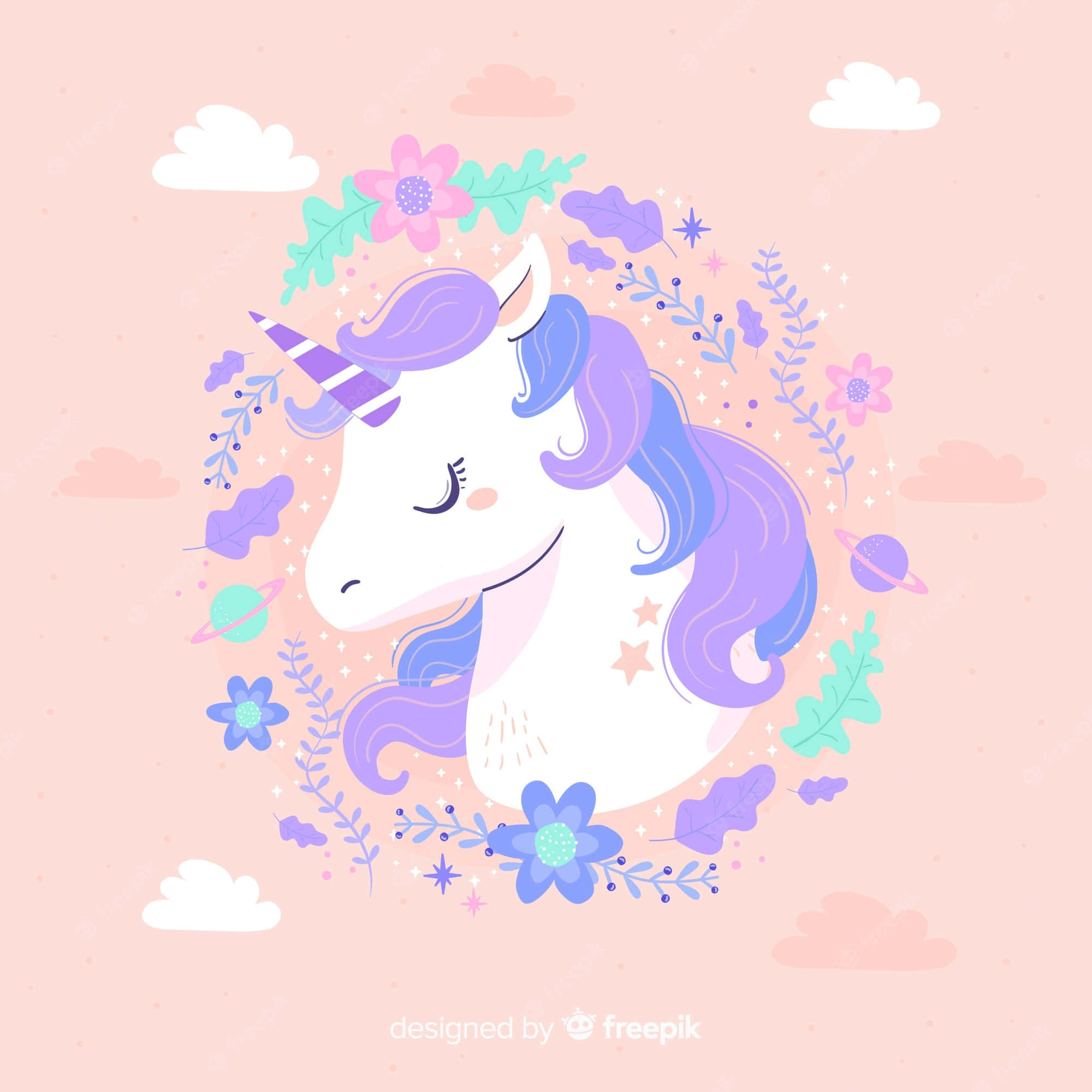 Pastel Unicorn, purple mane, striped horn, Full HD Desktop Wallpaper