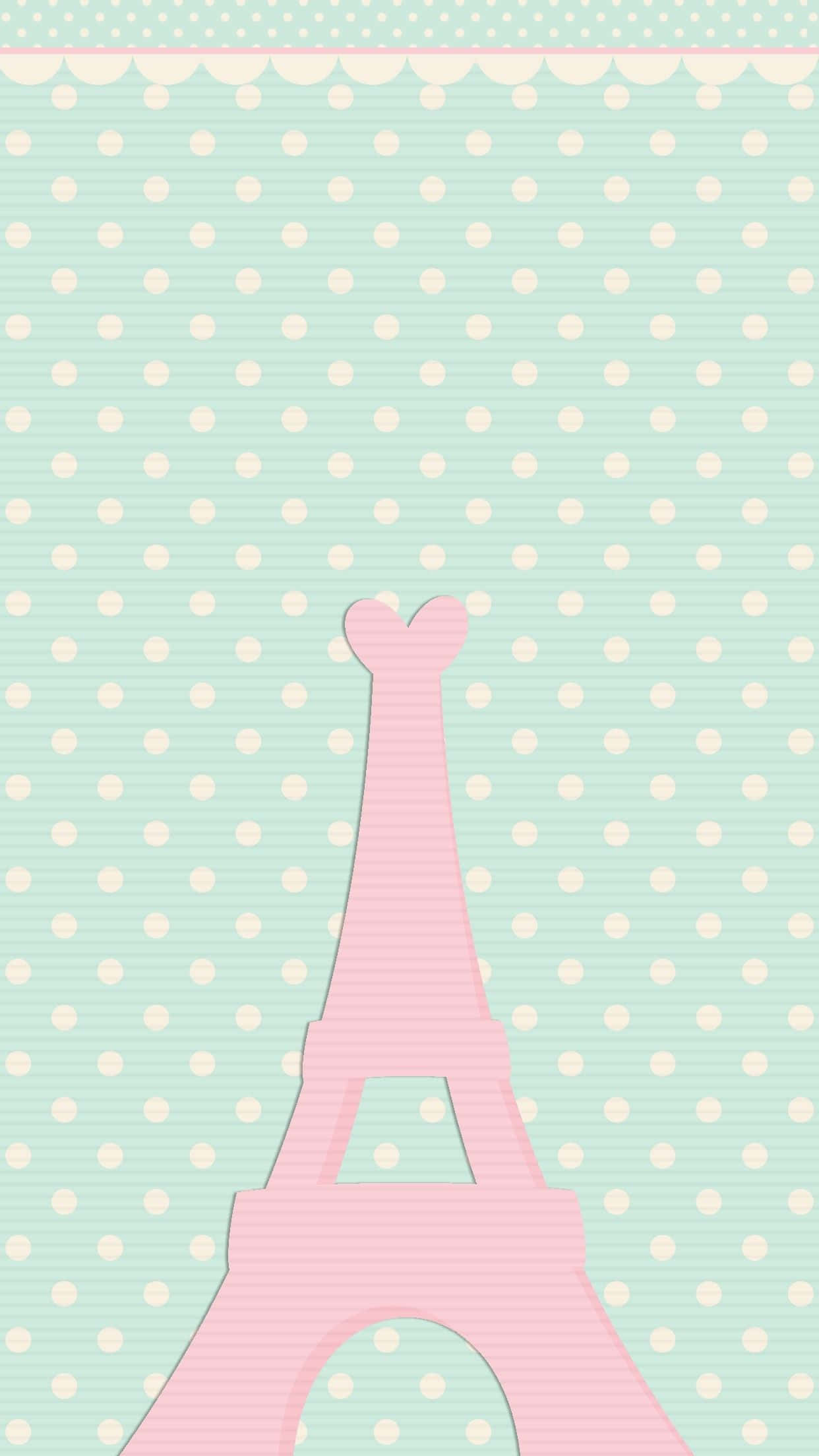 pink Eiffel Tower silhouette, mint green polka dot background, scalloped borders, Full HD Phone Wallpaper