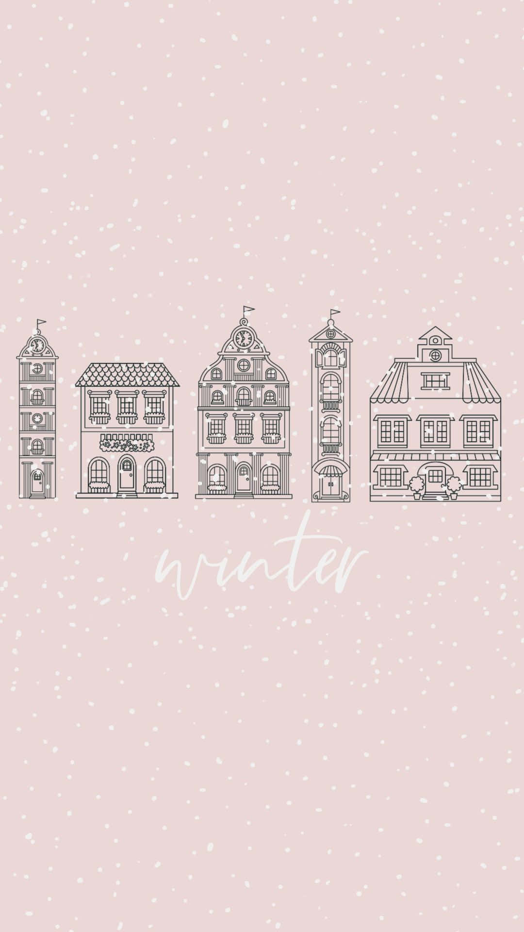 pastel vintage iphone, pink background, winter city buildings, Full HD Phone Wallpaper