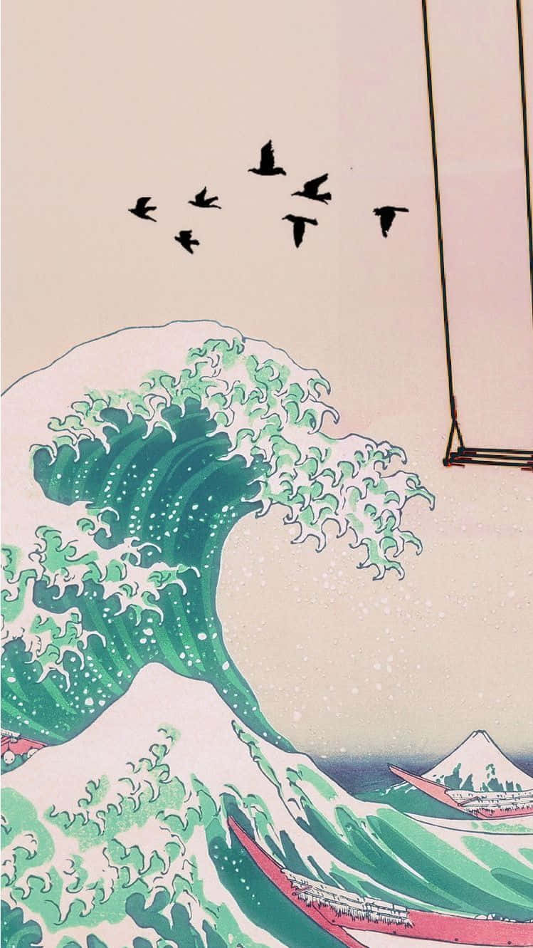 pastel vintage iphone, green wave, black birds, HD Phone Wallpaper