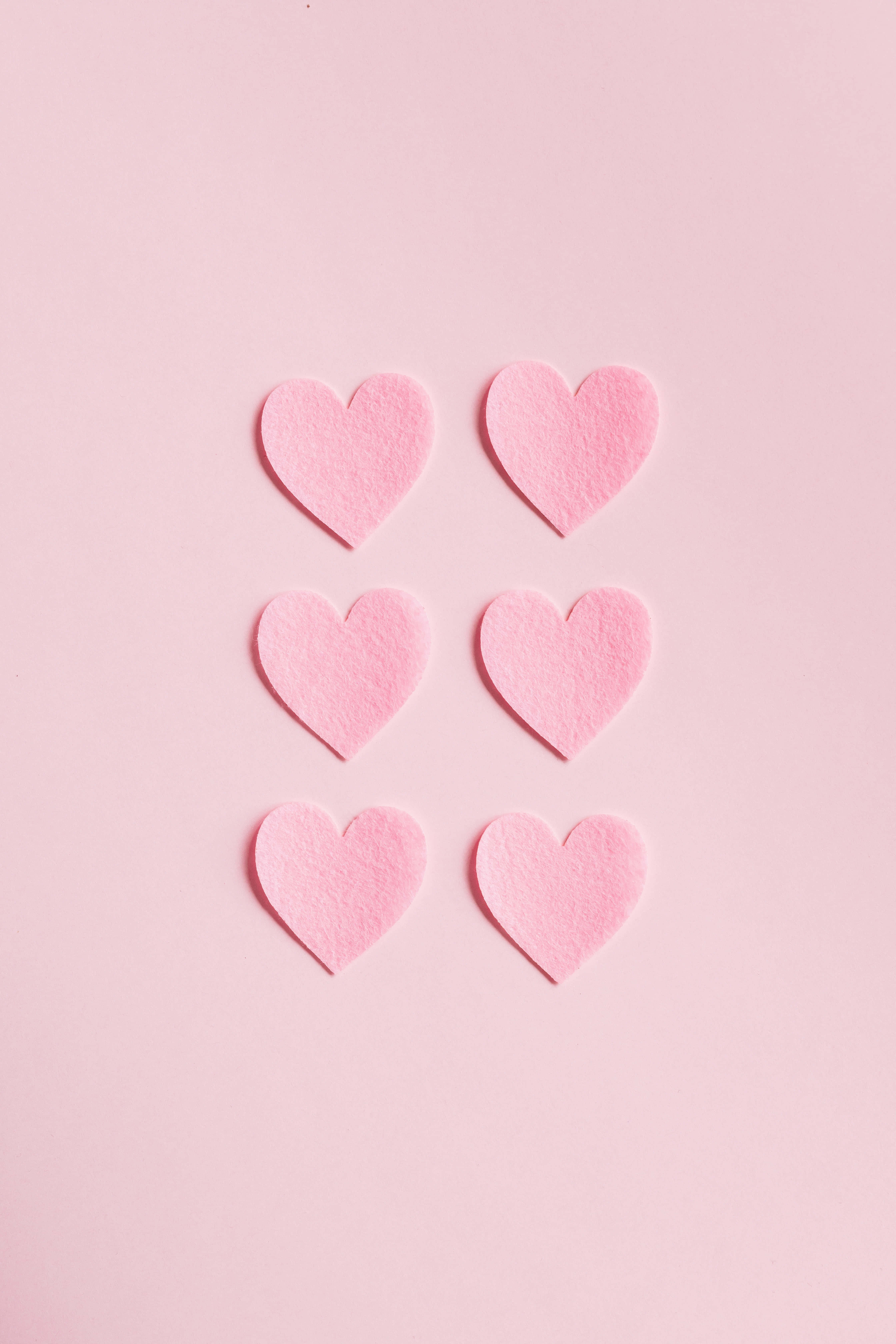 pastel pink background, soft pink felt hearts, pink heart shape, 5K Phone Wallpaper