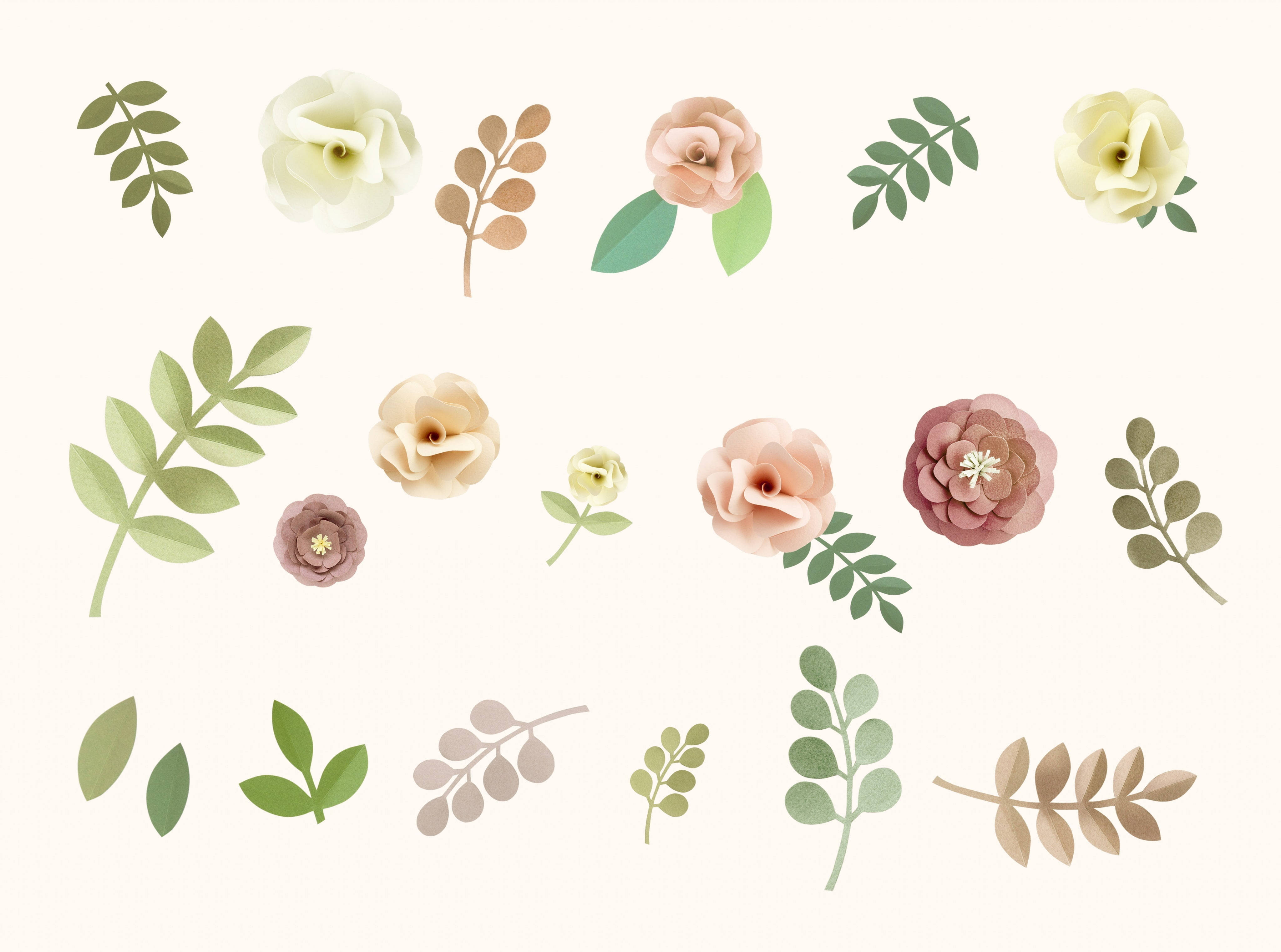 Pastel Vintage, paper-cut flowers, leaves, 4K Desktop Wallpaper