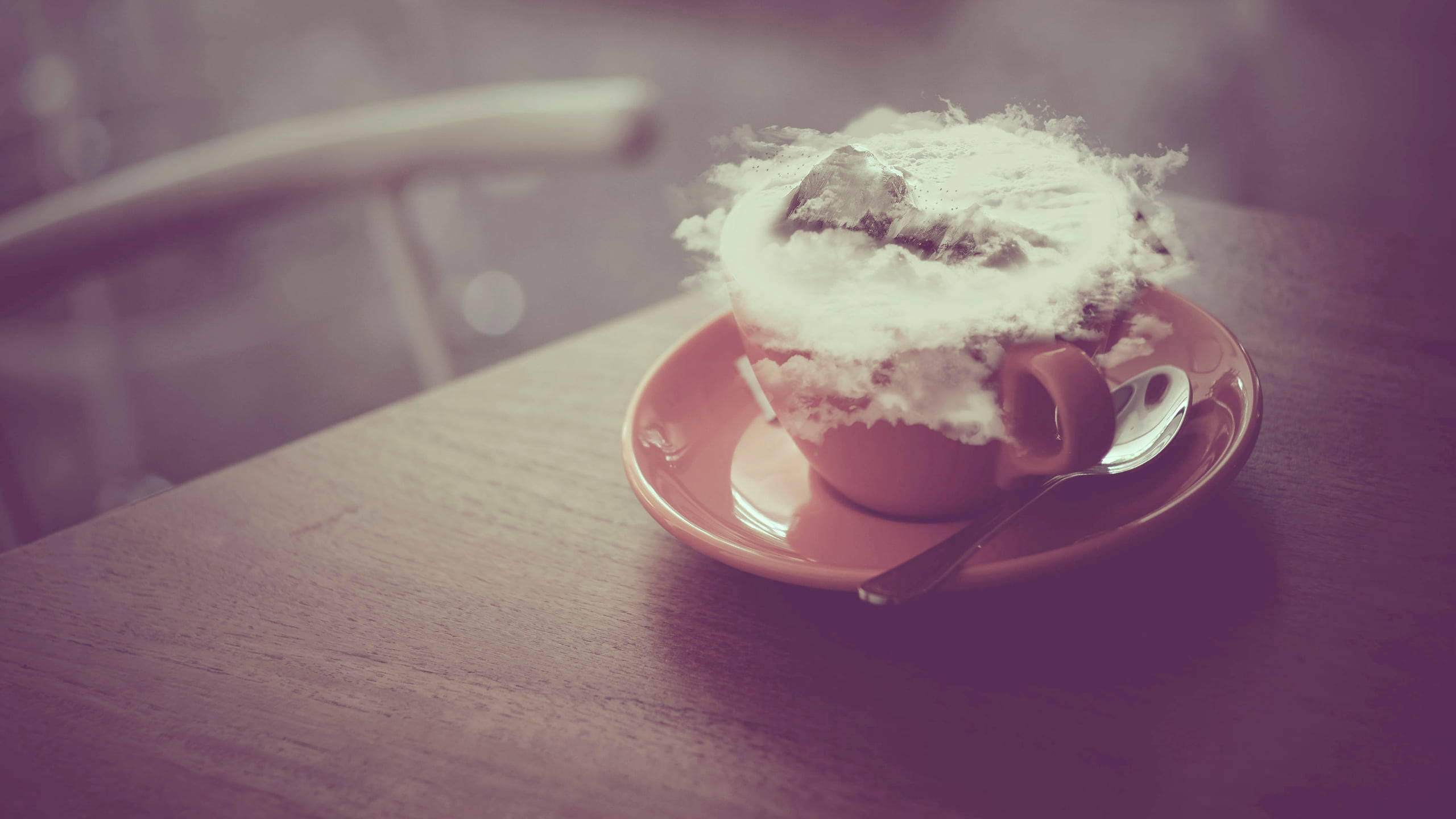 pastel vintage photograph, steaming cup of coffee, whipped cream, 2K Desktop Wallpaper