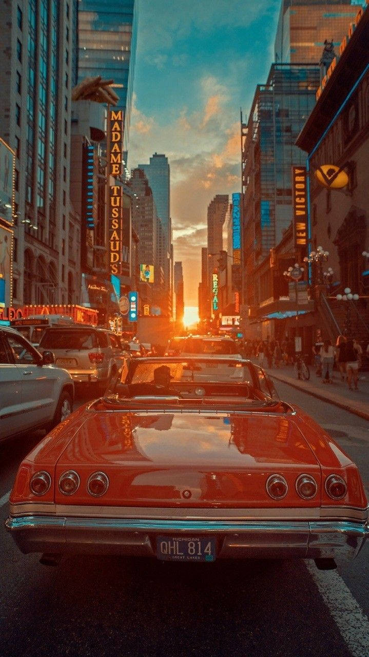 pastel vintage car, vintage red convertible, bustling city street, HD Phone Wallpaper