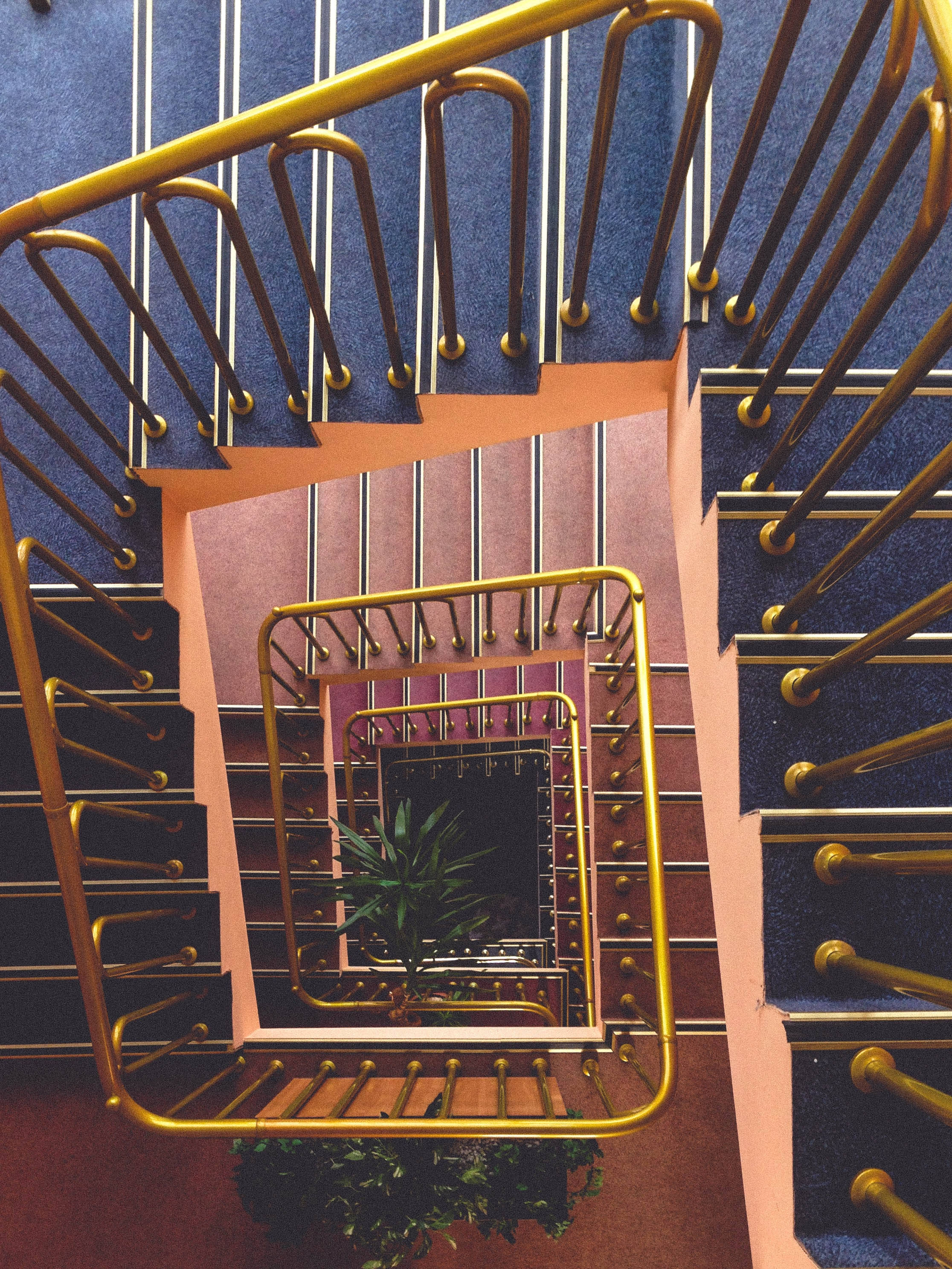 pastel vintage staircase, gold railings, blue carpet, 2K Phone Wallpaper