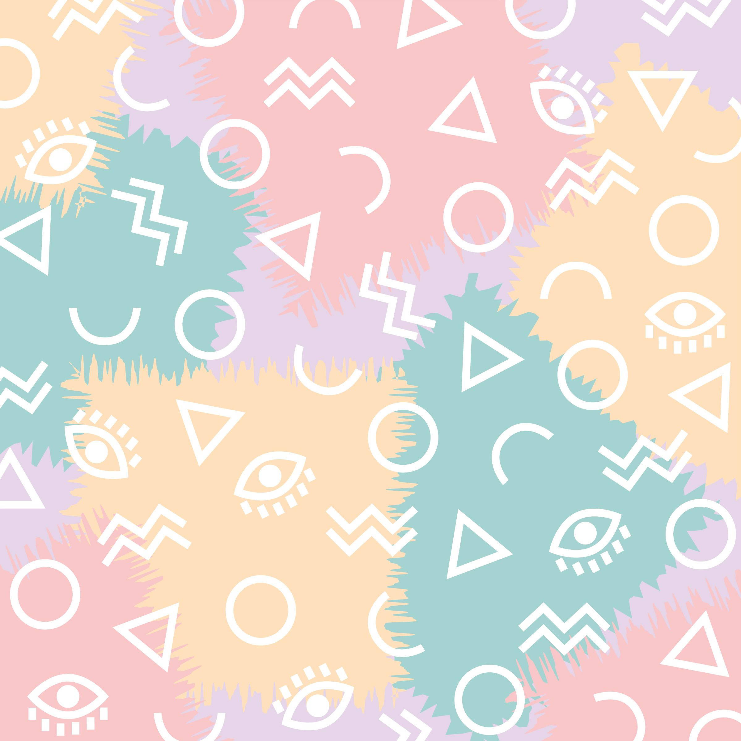 pastel watercolor splashes, white geometric shapes, eye motifs, Full HD Desktop Wallpaper