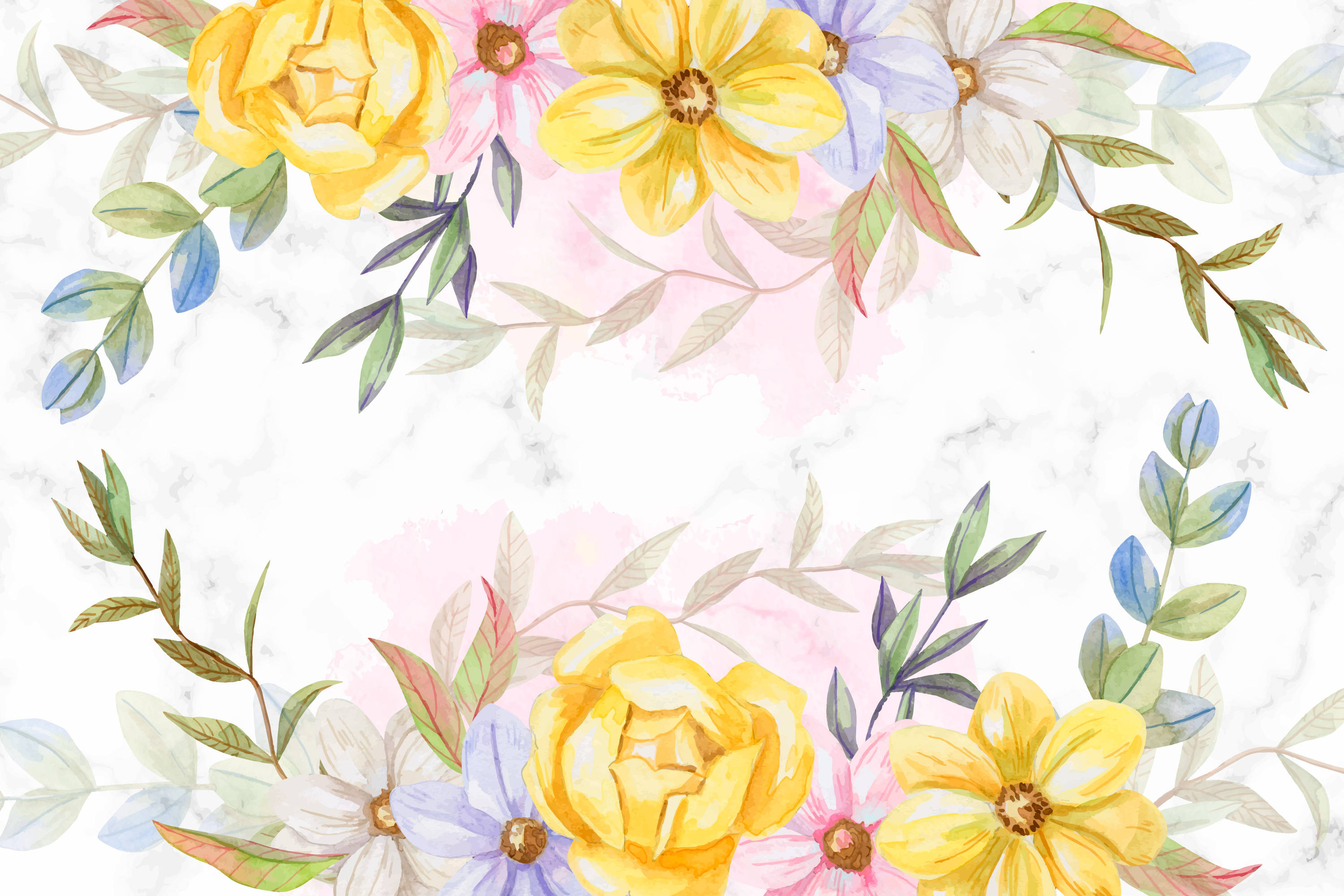 pastel yellow floral watercolor art, yellow pink and blue, soft marble background, 2K Desktop Wallpaper
