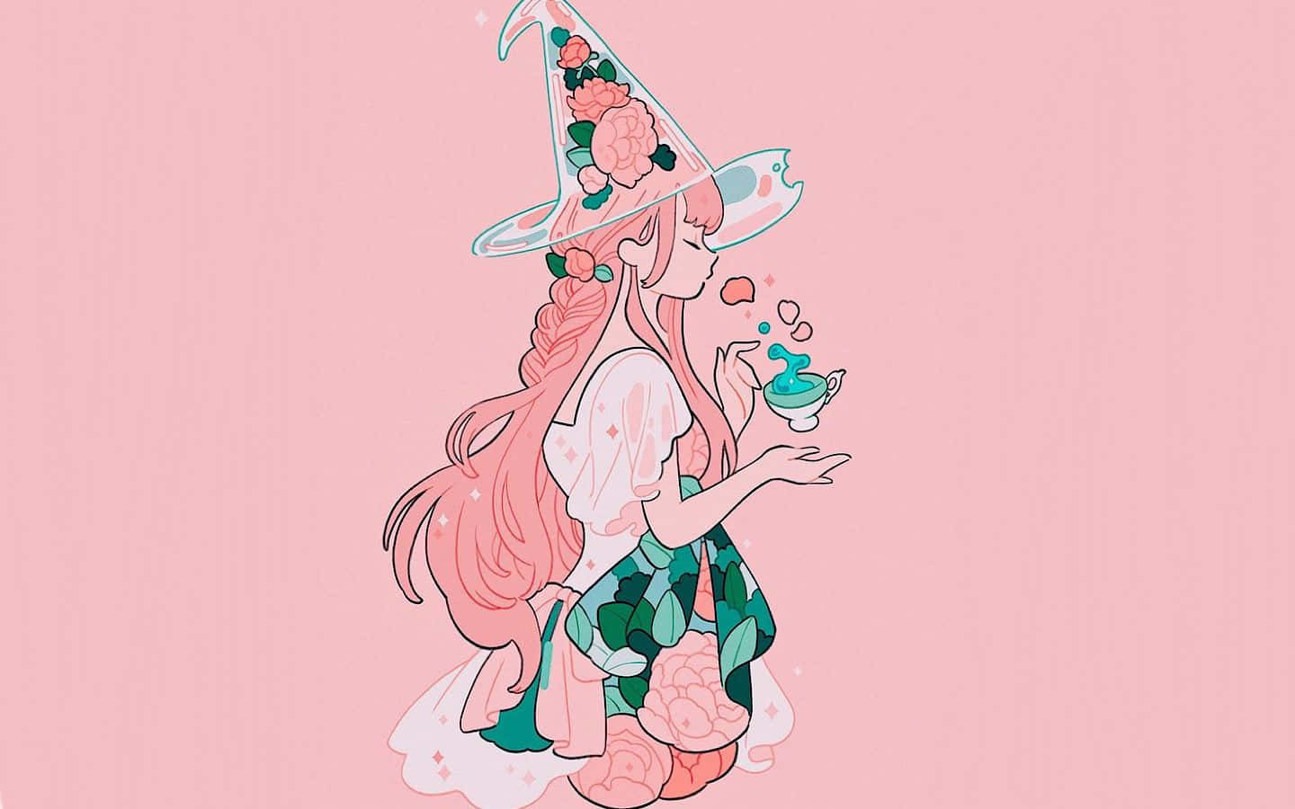 pastel witch, pink hair, floral hat, HD Desktop Wallpaper