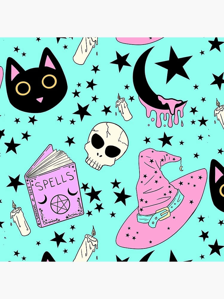 pastel witch, pink hat, skull cat, SD Phone Wallpaper