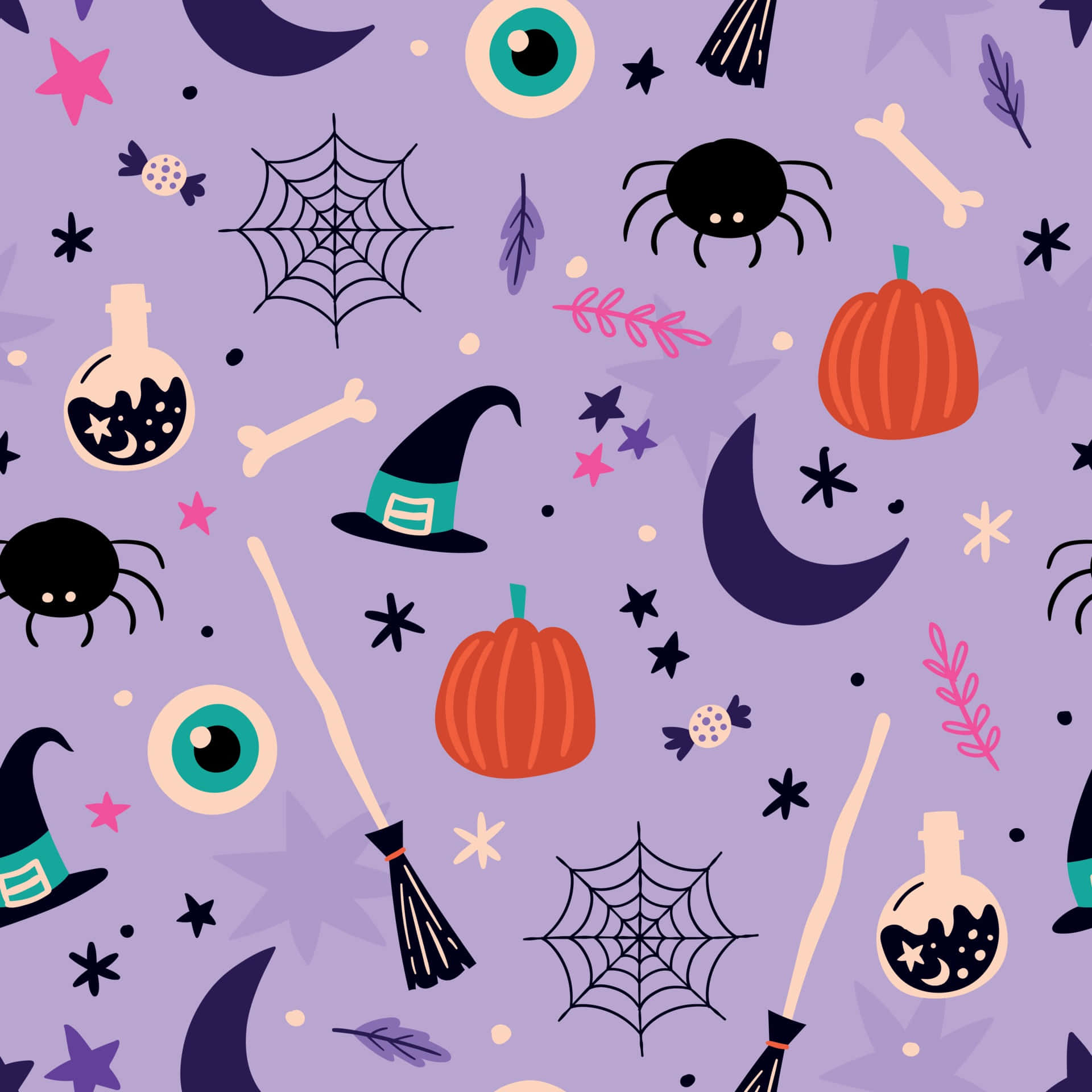 Pastel Witch, Halloween pattern, pumpkins, Full HD Desktop Wallpaper