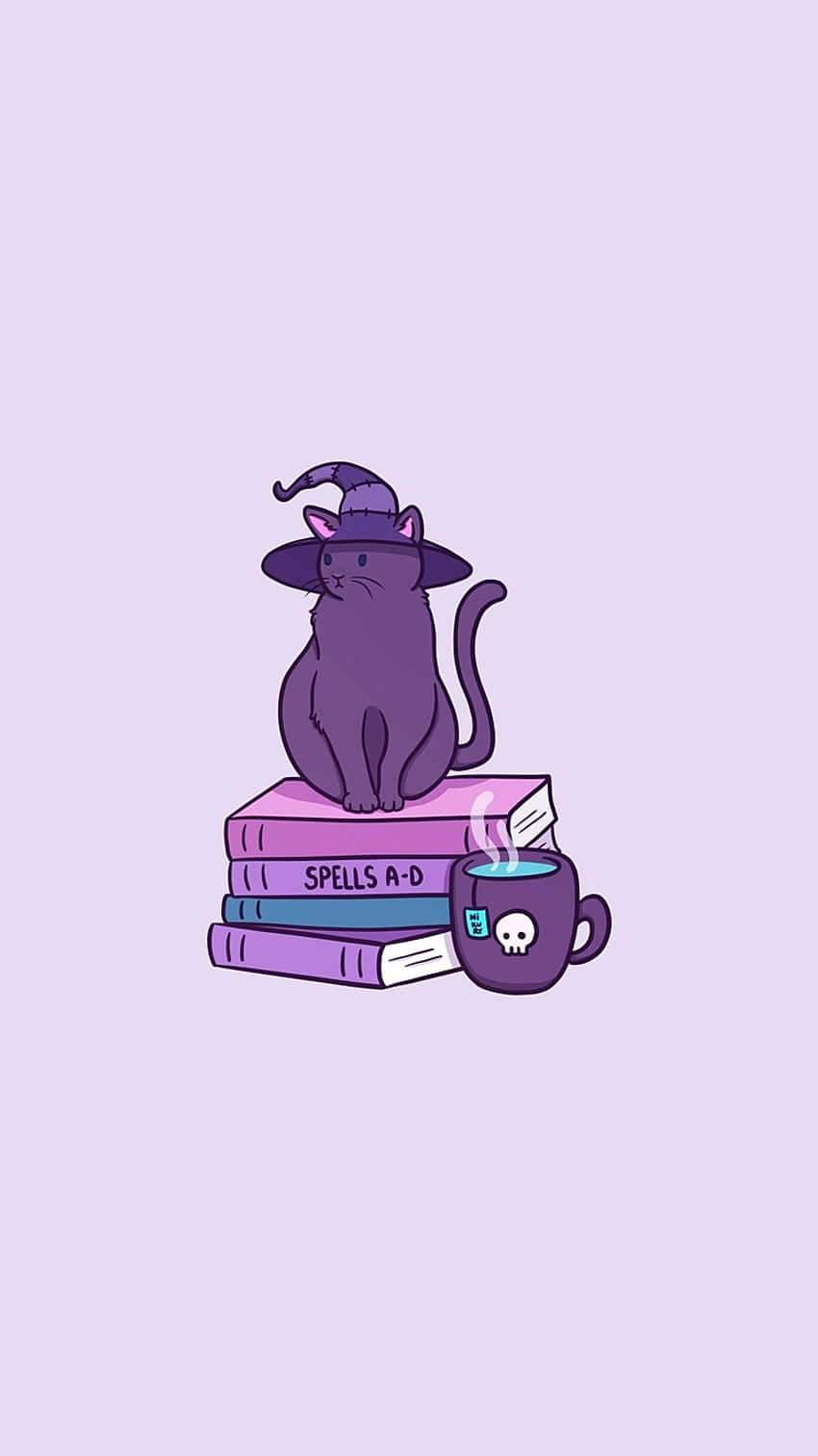 Pastel Witch, purple cartoon cat, witch hat, HD Phone Wallpaper