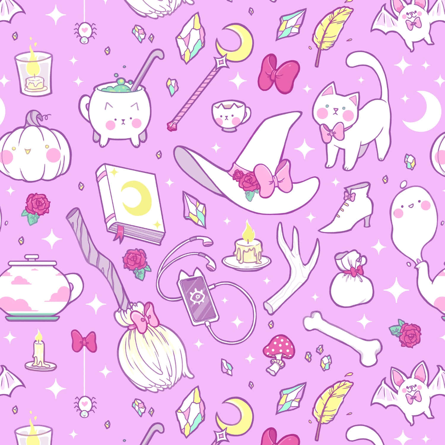 pastel witch, pink wallpaper pattern, cute witch-themed items, HD Desktop Wallpaper