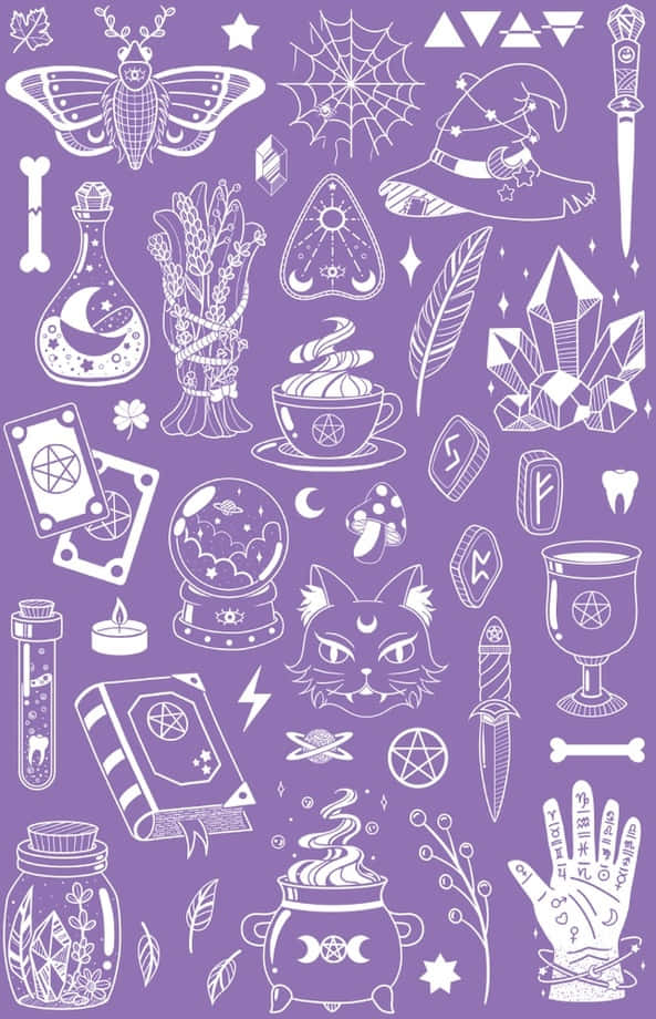 Pastel Witch collection, white line art, witchcraft symbols, SD Phone Wallpaper