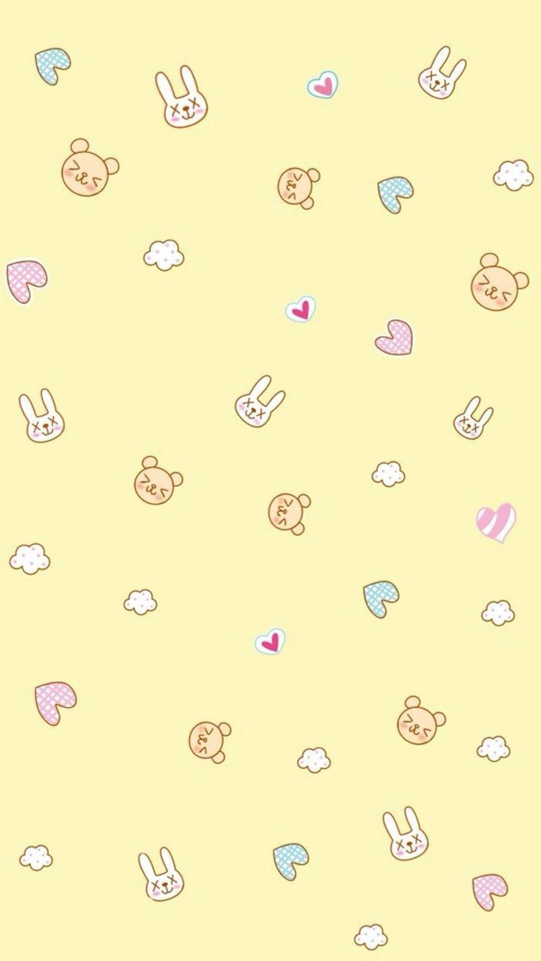 Pastel Yellow Aesthetic, cute cartoon bunnies, hearts, Full HD Phone Wallpaper