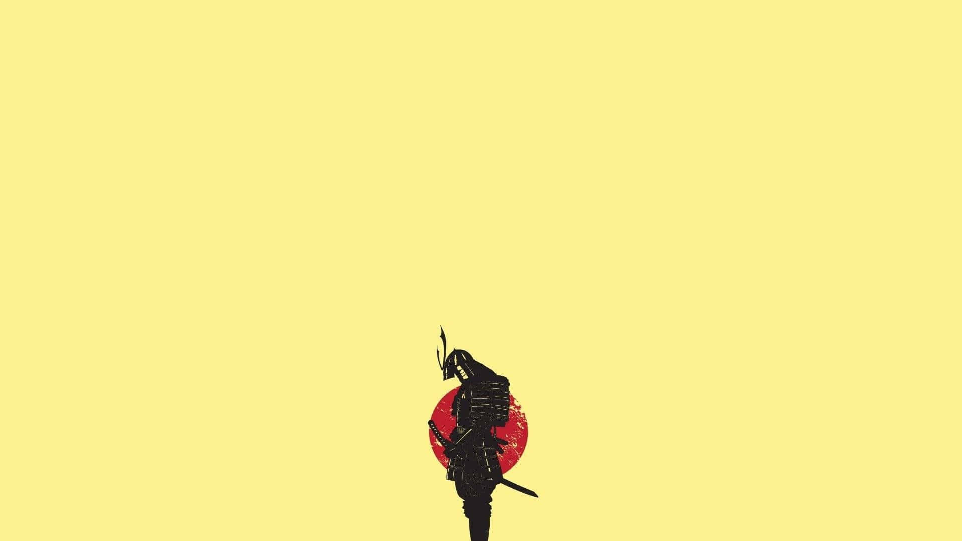 pastel yellow laptop, black samurai silhouette, textured red sun, Full HD Desktop Wallpaper