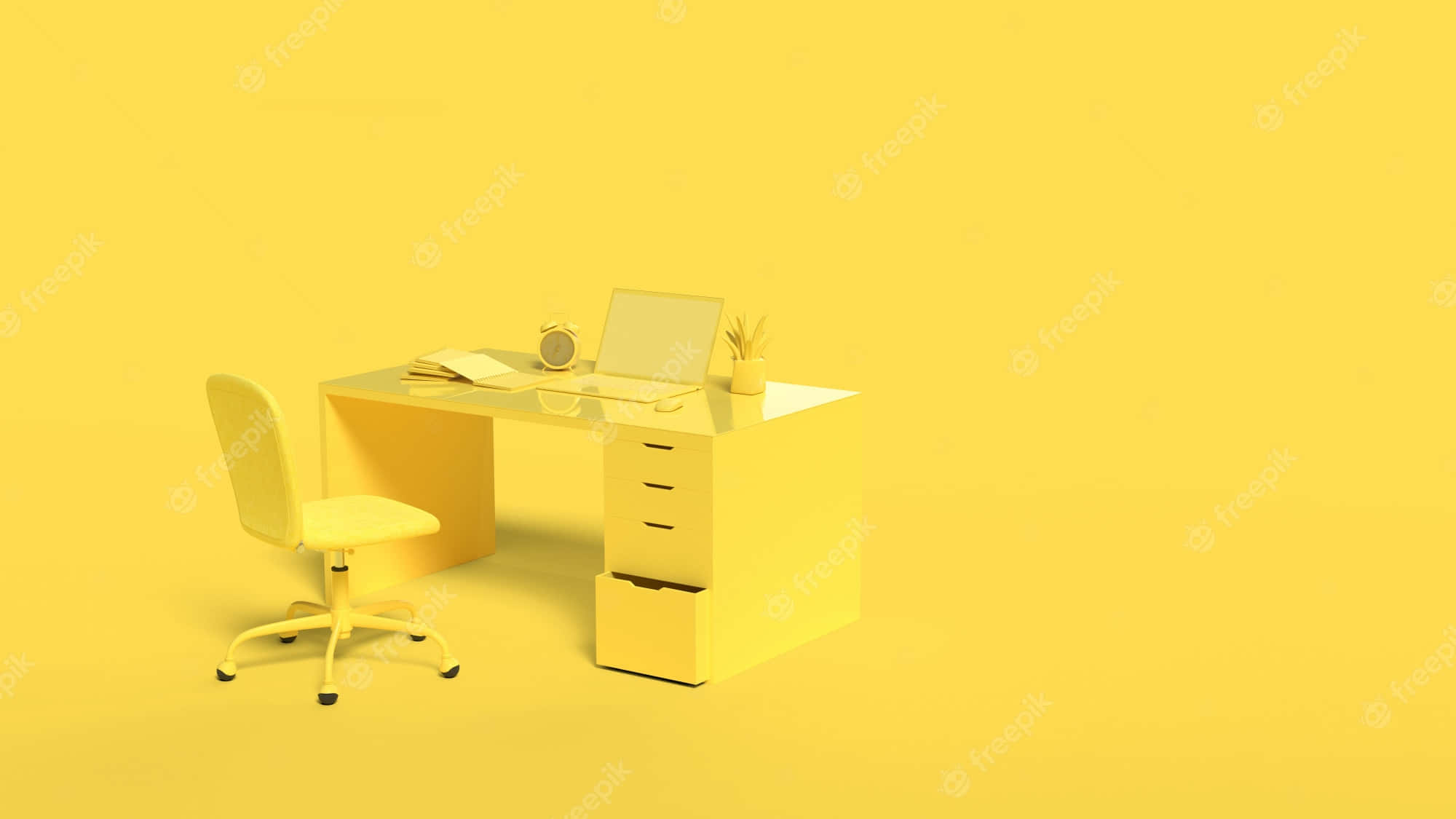 Pastel Yellow Laptop, minimalist yellow office setup, desk chair laptop, Full HD Desktop Wallpaper
