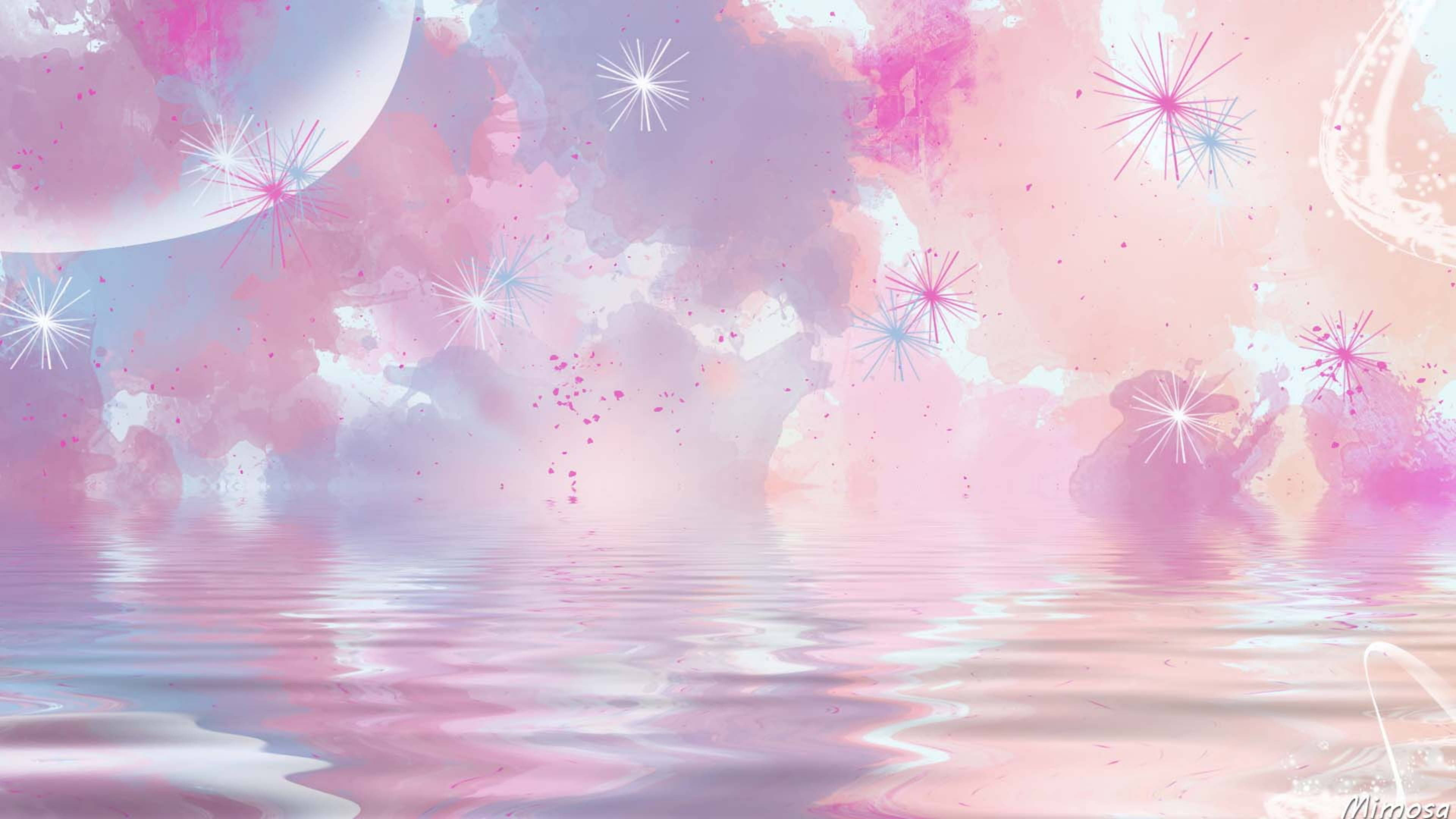 dreamy pastels aesthetic computer, pink and purple sky, starburst lights, 4K Desktop Wallpaper